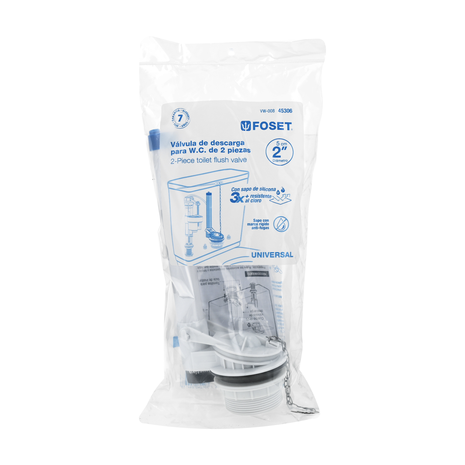 Válvula de descarga de 2' p/sanitario dos pzas,cadena inox