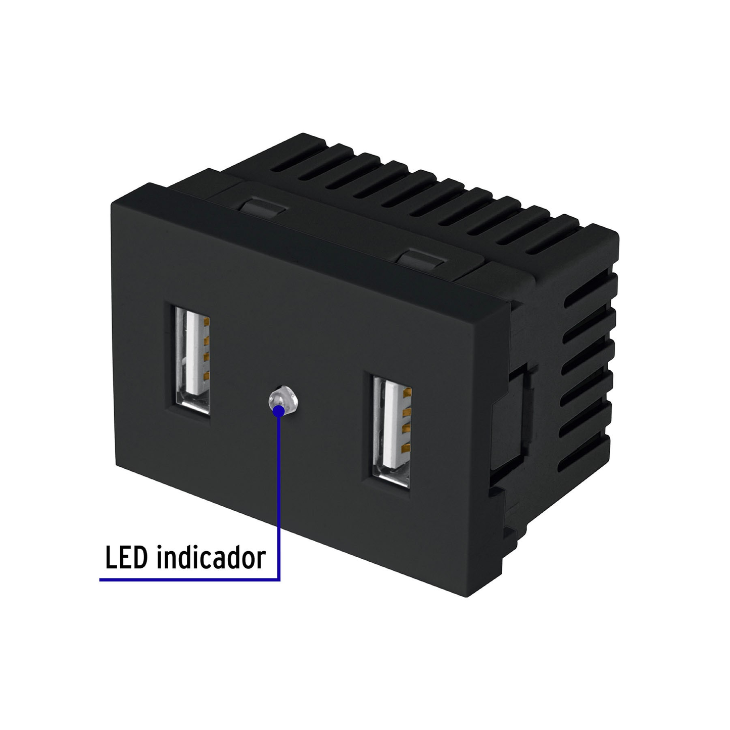 Toma con 2 puertos USB negro de 1.5 módulos, línea Lisboa