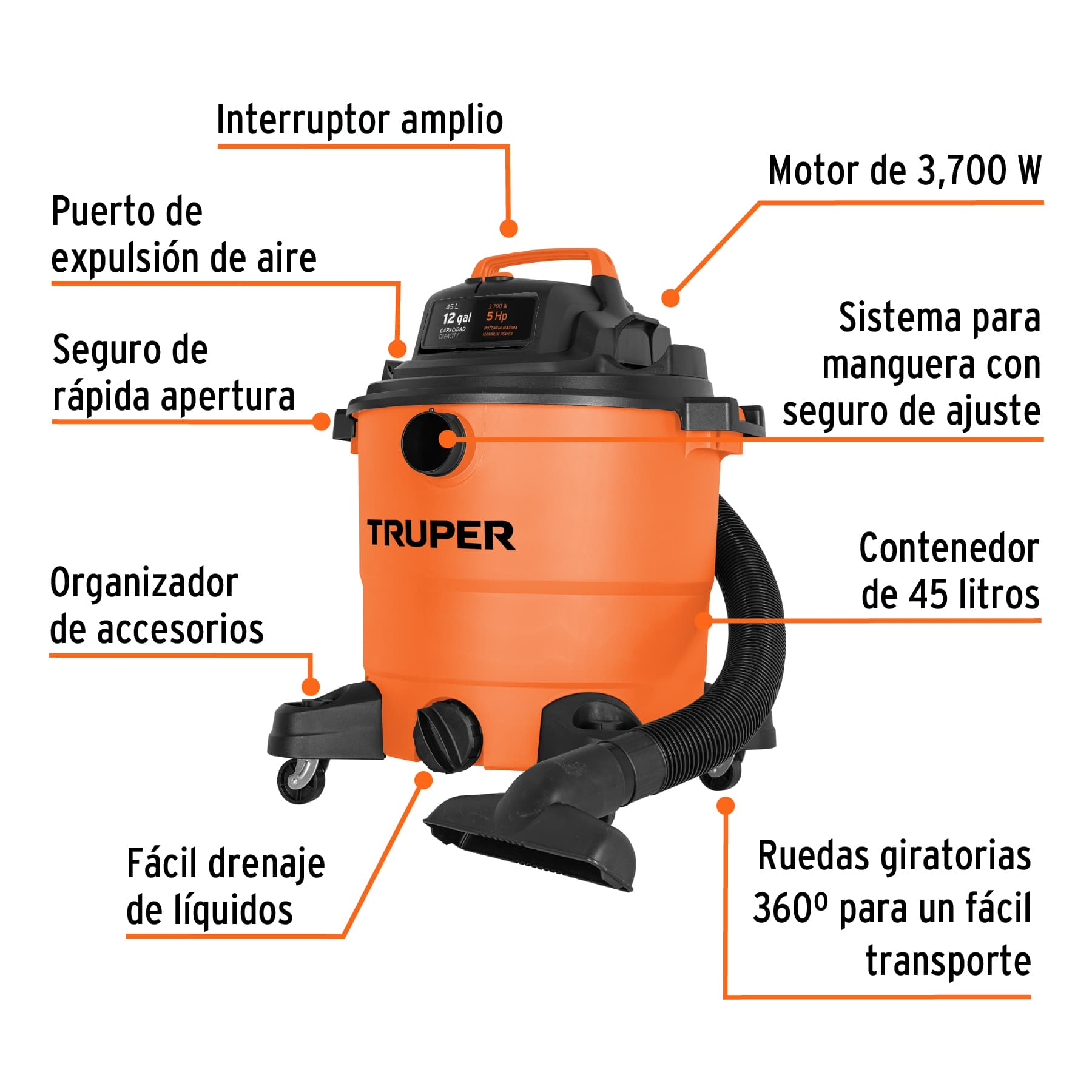 Aspiradora de sólidos y líquidos de 12 gal, plástica