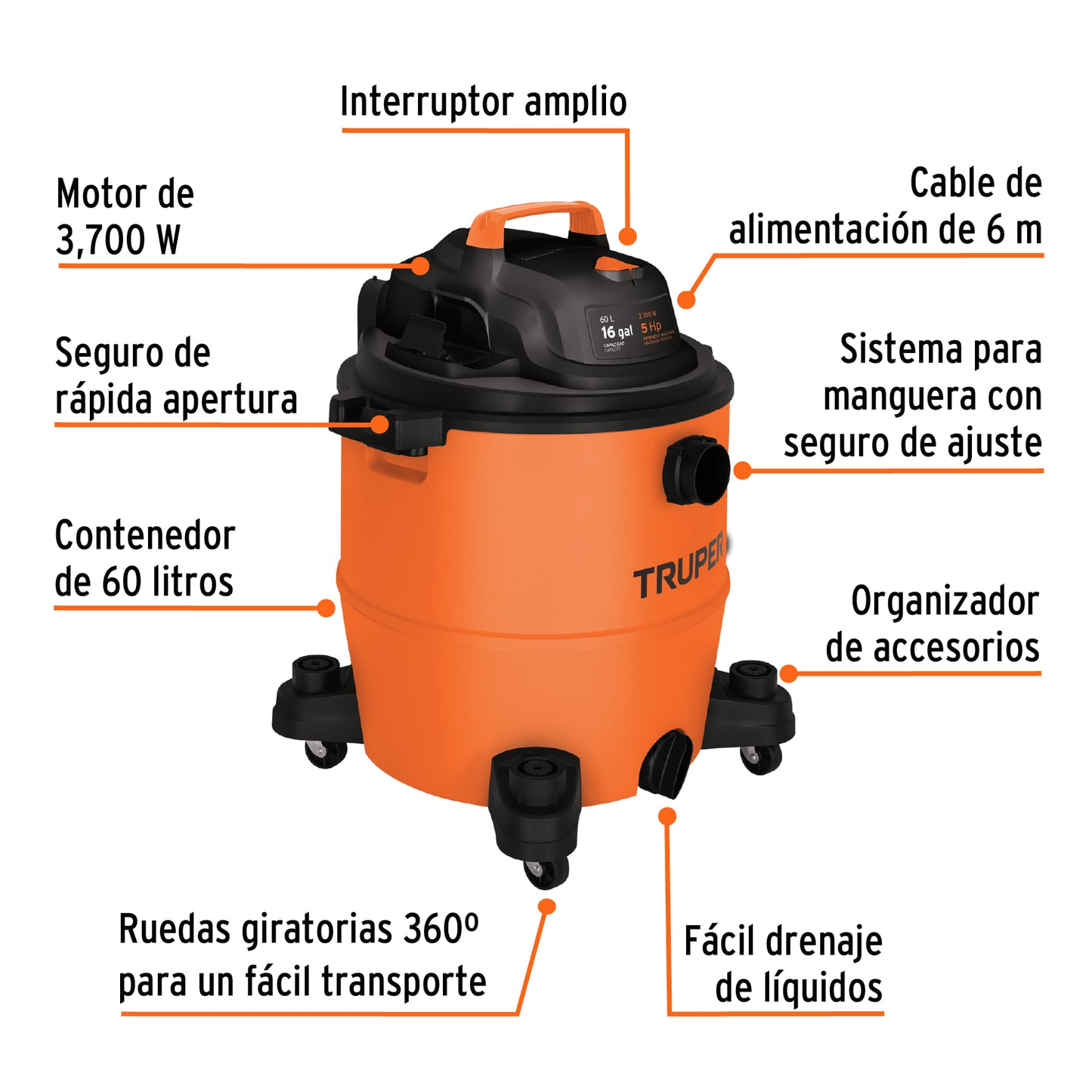 Aspiradora de sólidos y líquidos de 16 gal, plástica