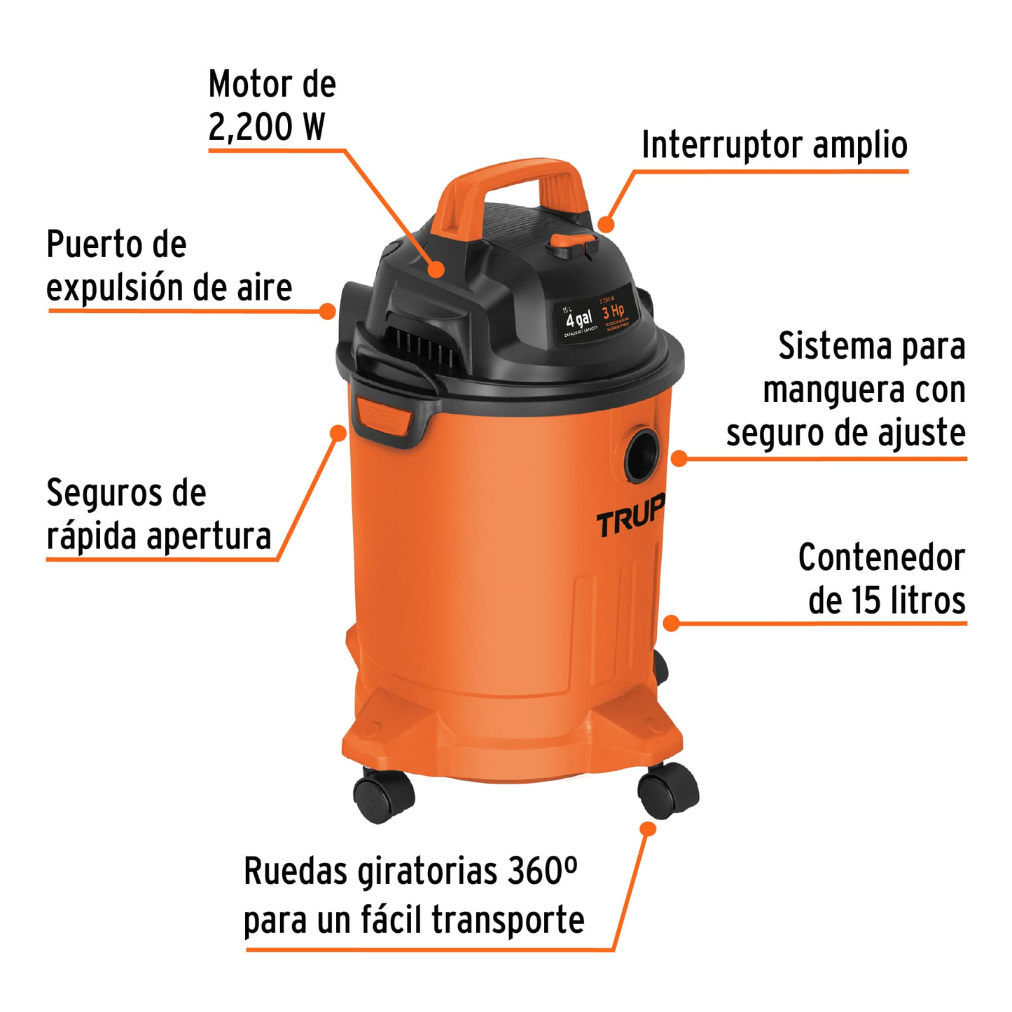 Aspiradora de sólidos y líquidos de 4 gal, plástica