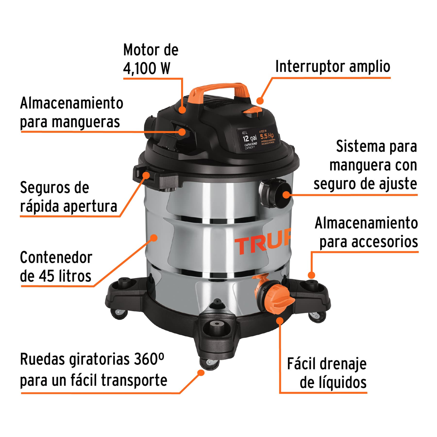 Aspiradora en acero inoxidable, 12 Galones