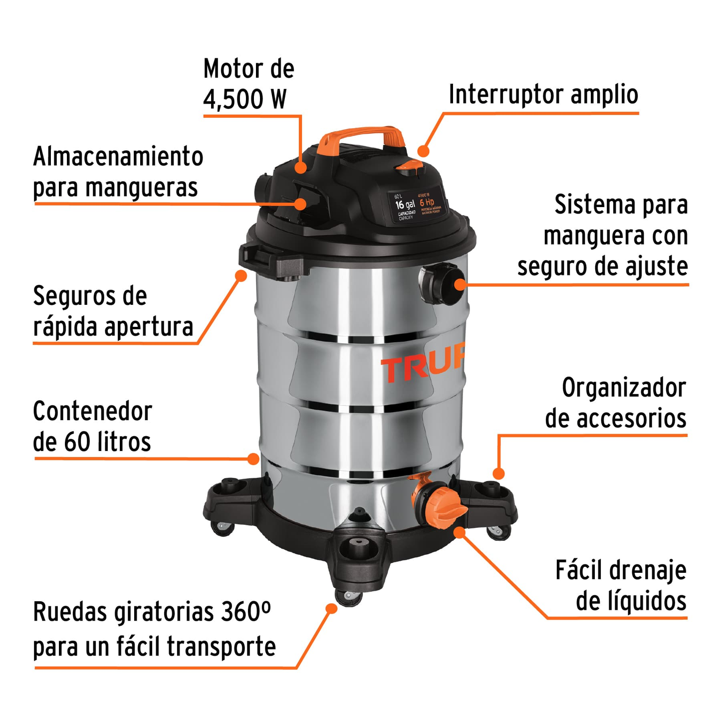 Aspiradora en acero inoxidable, 16 Galones