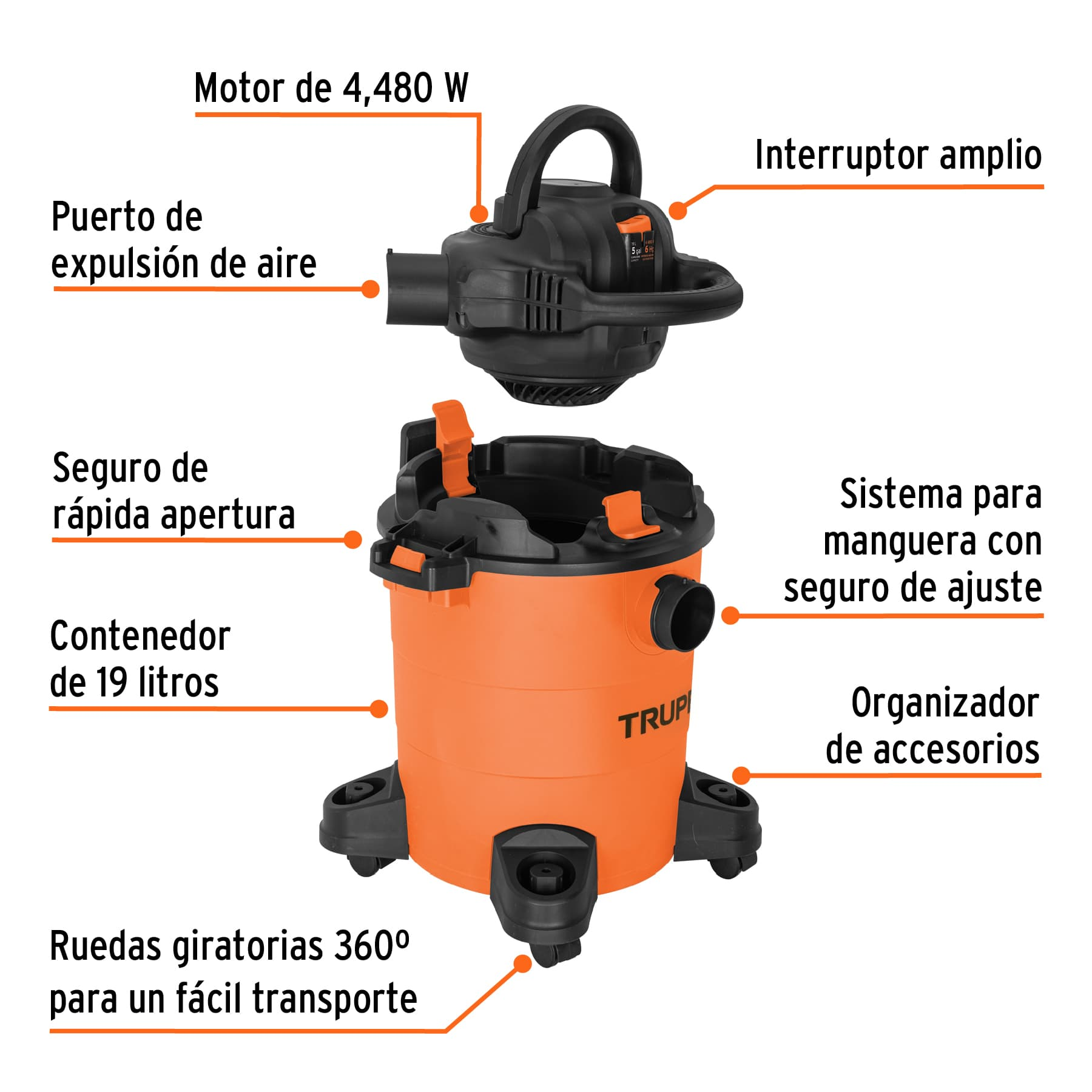 Aspiradora/sopladora de sólidos y líquidos 5 gal, plástica