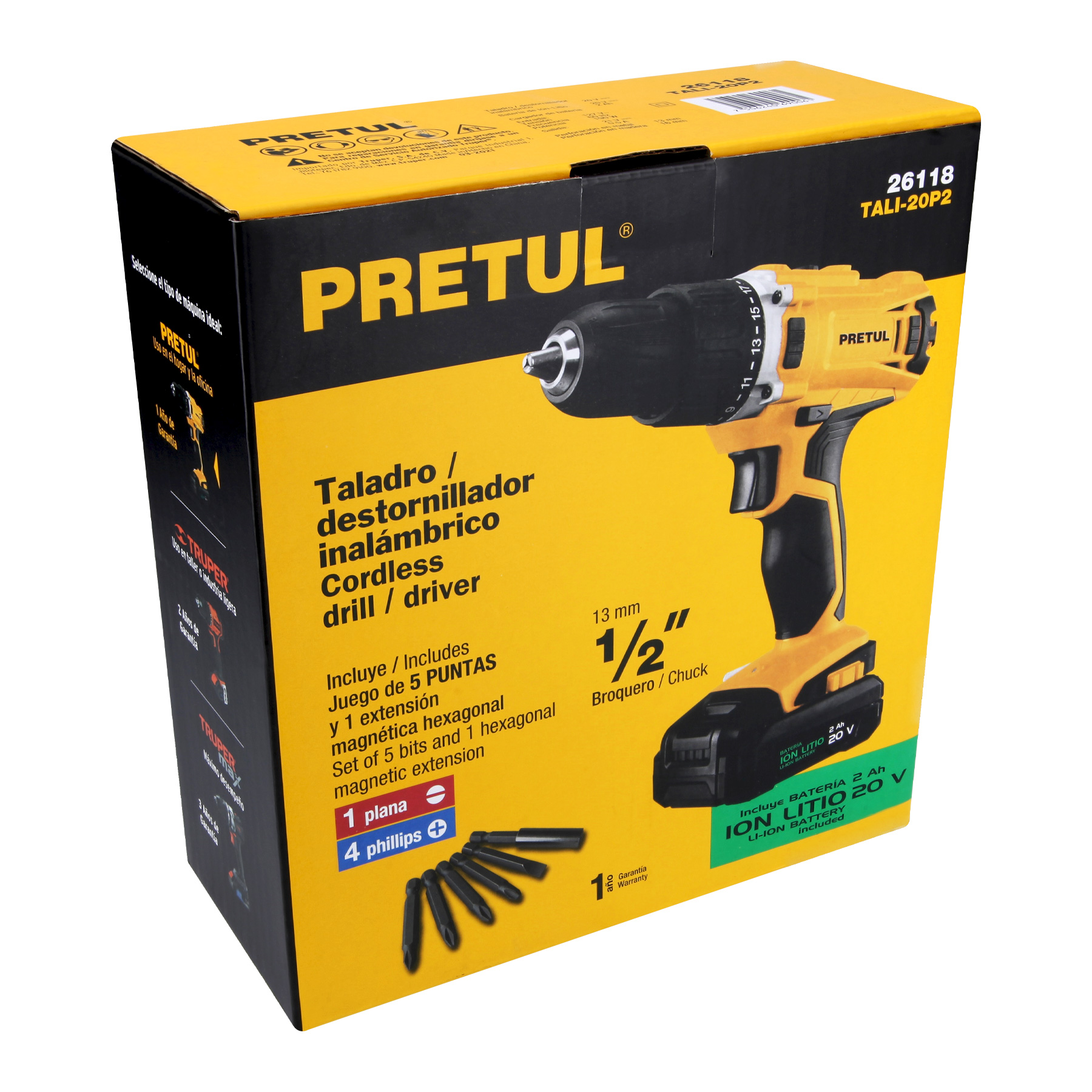 Taladro inalámbrico 3/8', batería ion litio 20 V, Pretul