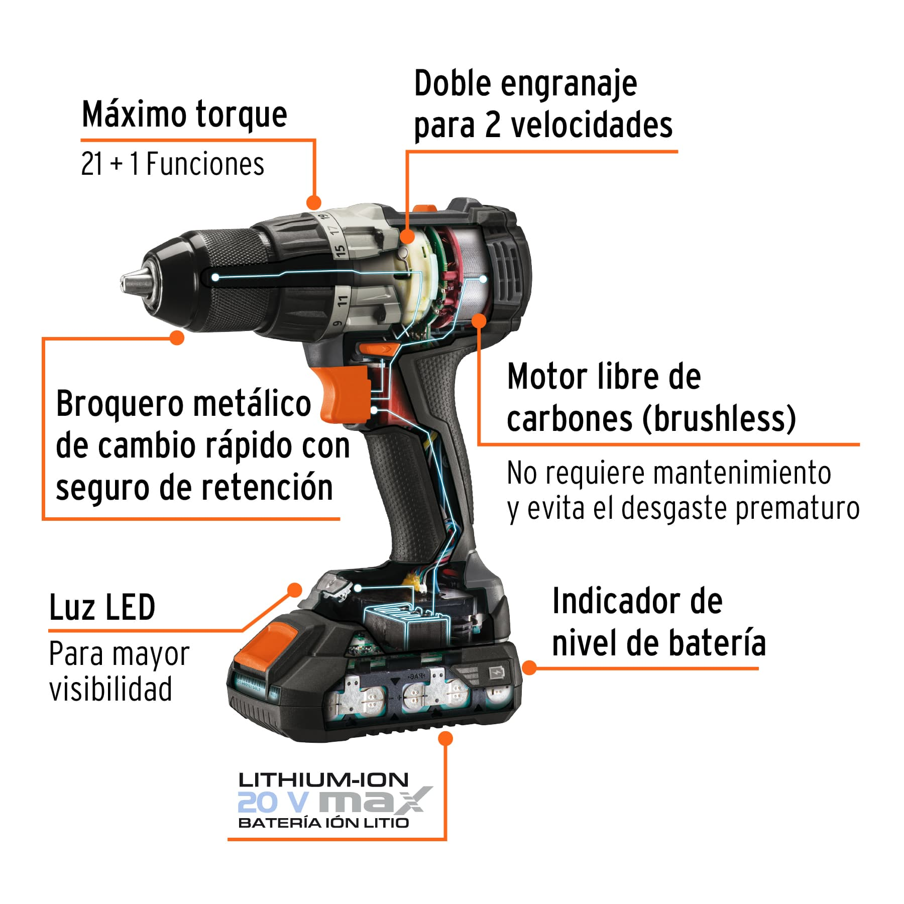 Taladro inalámbrico 1/2' 20 V Truper MAX