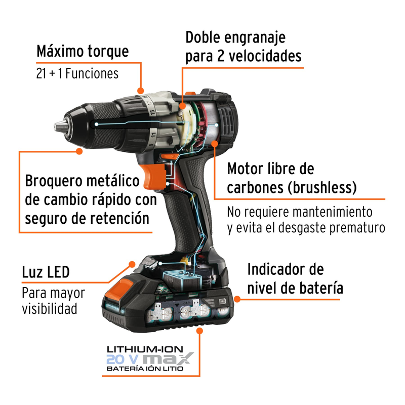 Taladro inalámbrico 1/2' 20 V Truper MAX