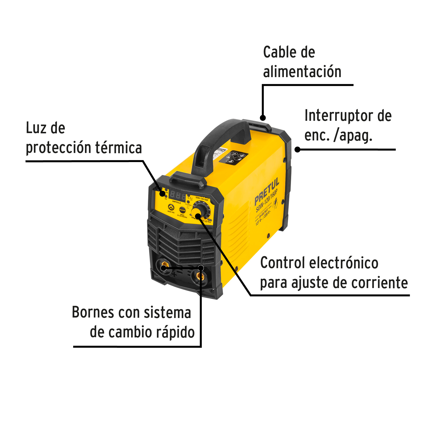 Soldadora inversora, 160 A, Bi-voltaje 127/220 V, Pretul