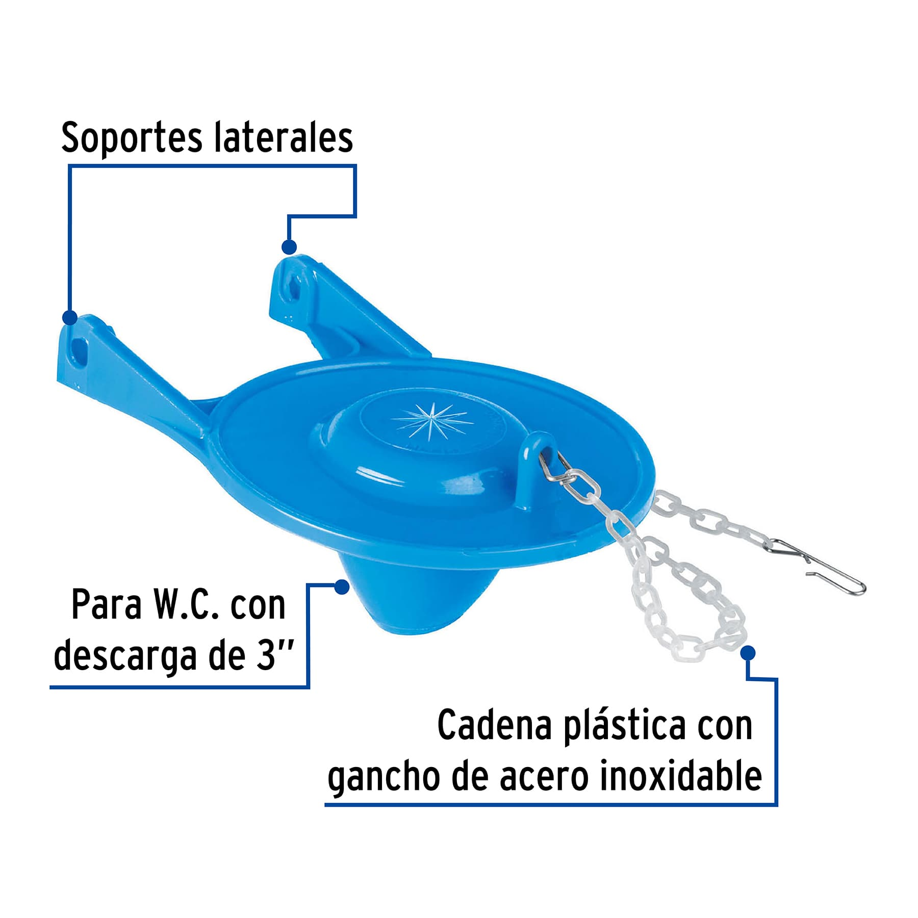 Sapo de 3' de PVC para WC, azul, con cadena de acero inox