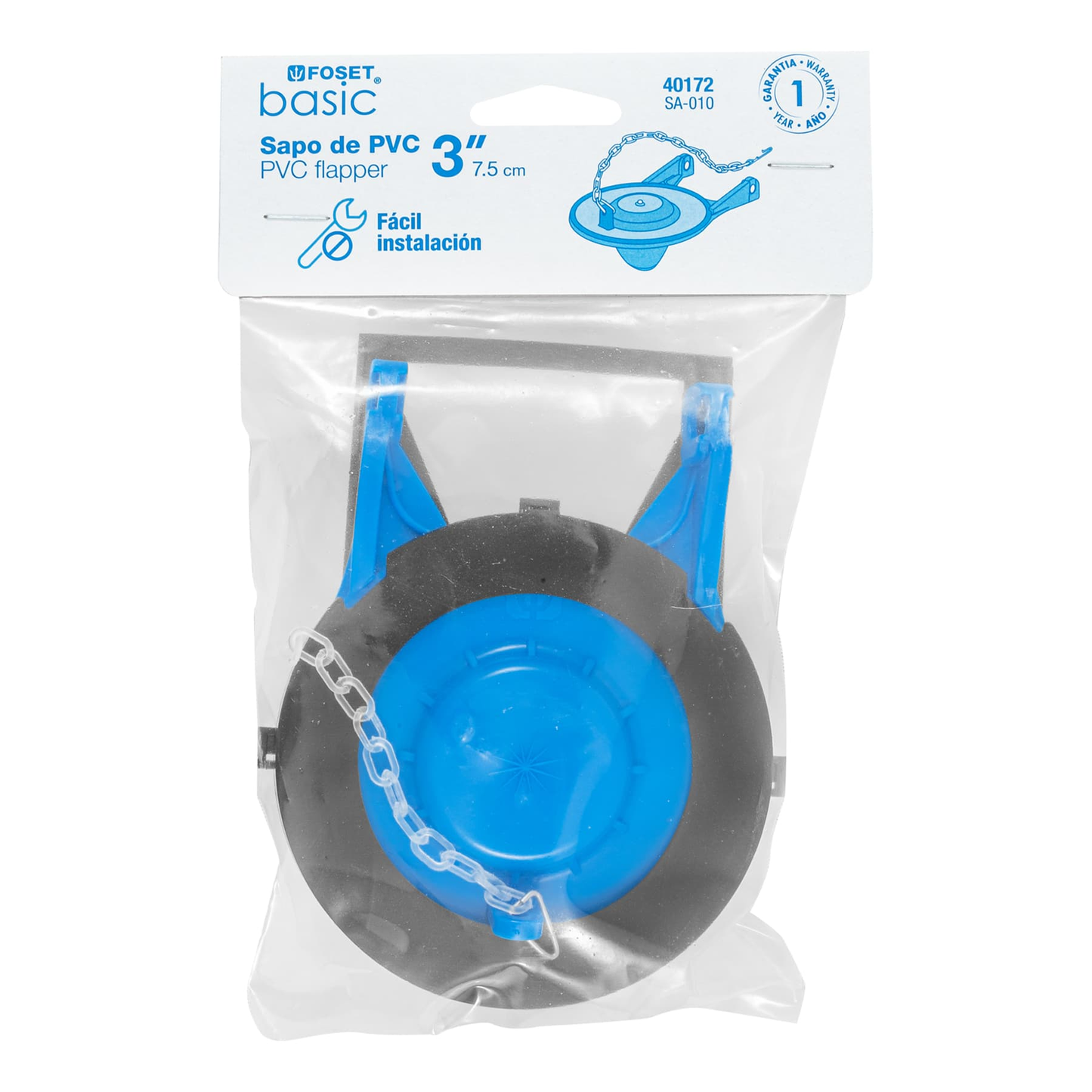 Sapo de 3' de PVC para WC, azul, con cadena de acero inox