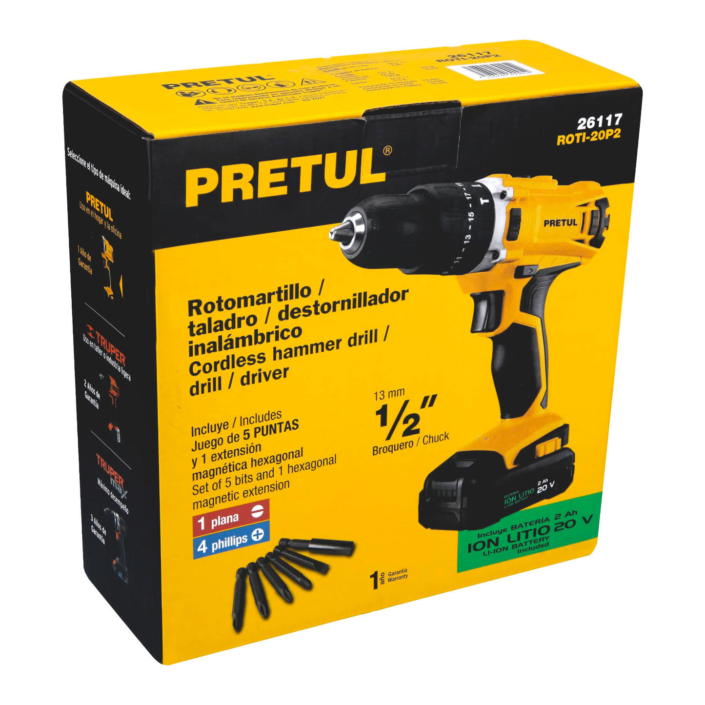 Rotomartillo inalámbrico 1/2',batería ion litio 20V,Pretul