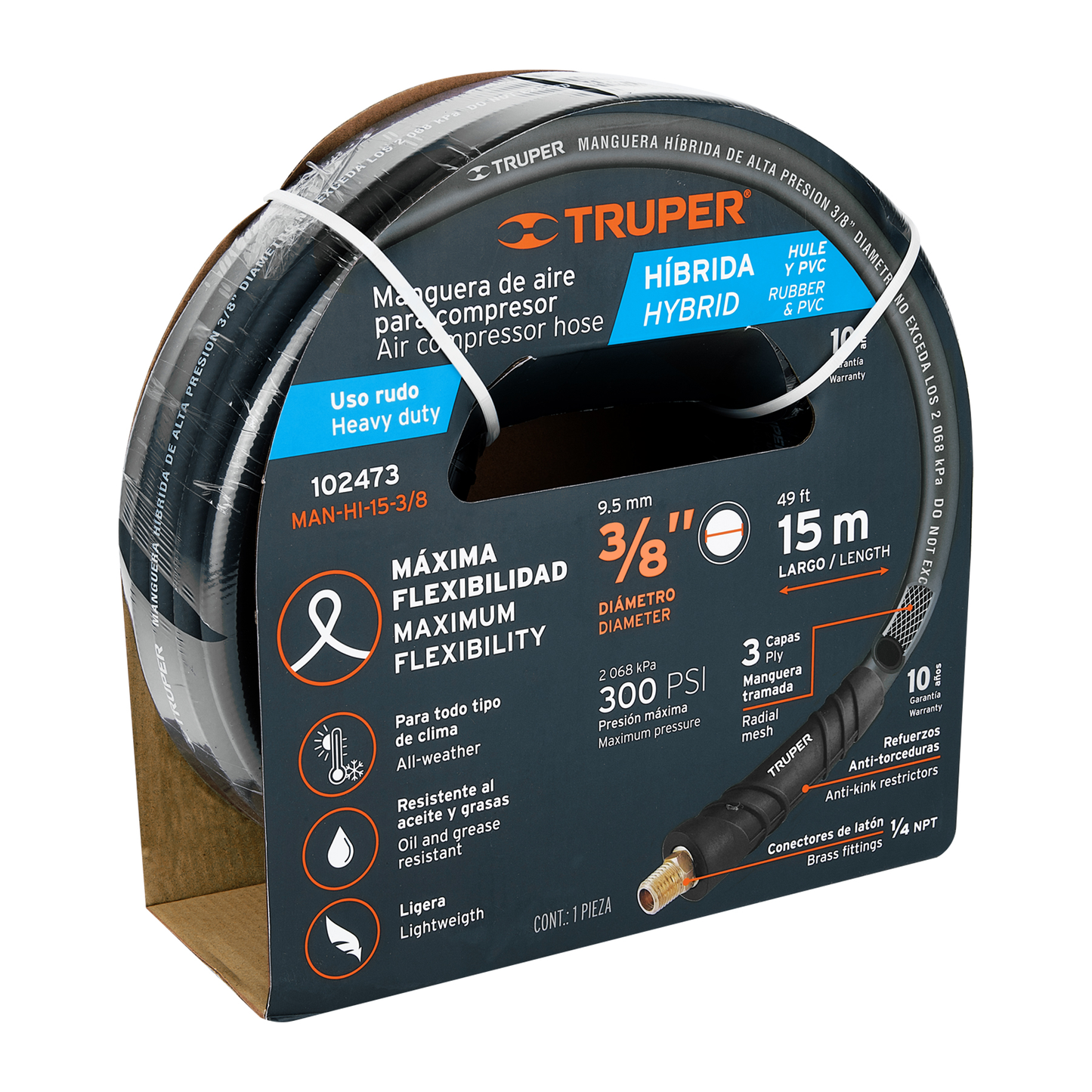 Rollo de manguera híbrida 3/8' para compresor, 15 m, Truper sustituto 102472