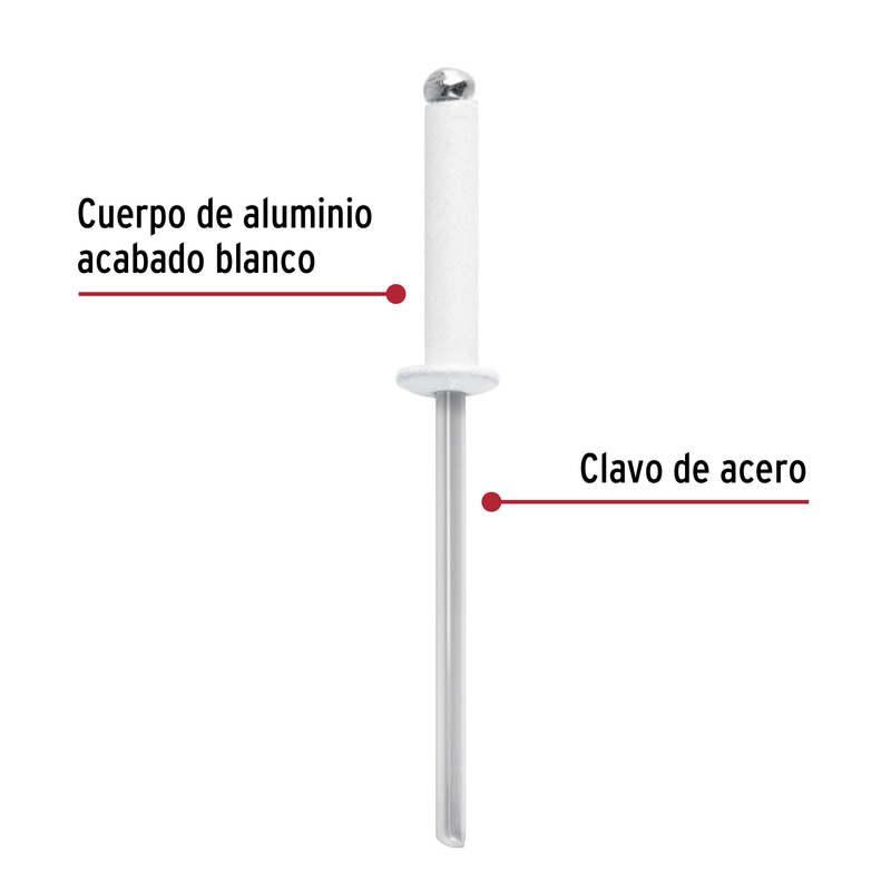 Bolsa c/50 remaches 1/8'x1/2' blancos de aluminio, ala 1/4'