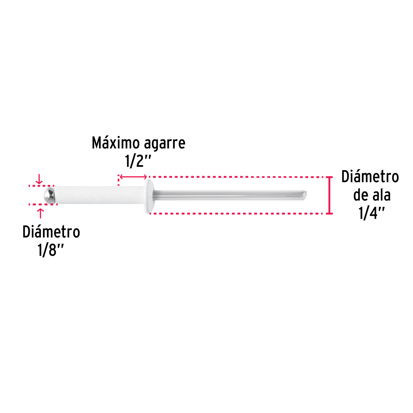 Bolsa c/50 remaches 1/8'x1/2' blancos de aluminio, ala 1/4'