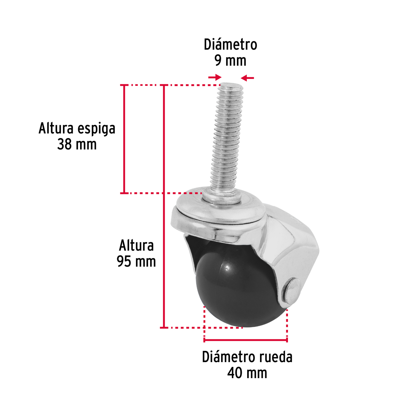 Rodaja esférica, 40 mm con espiga