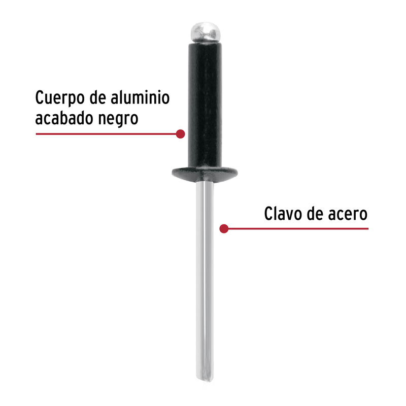 Bolsa c/50 remaches 3/16'x3/8' negros de aluminio, ala 3/8'