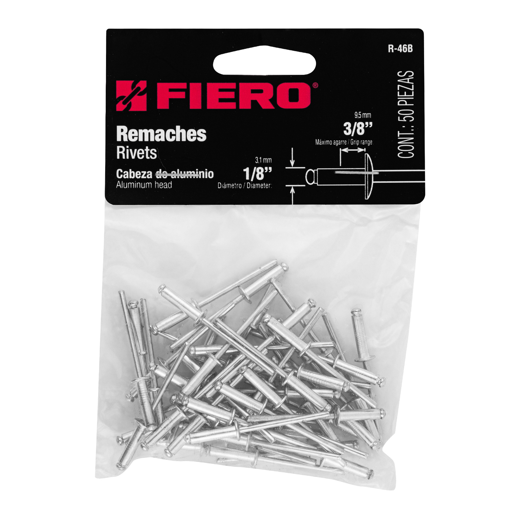 Remaches con espiga, 3.2x12.7mm, bolsa con 50 pzas