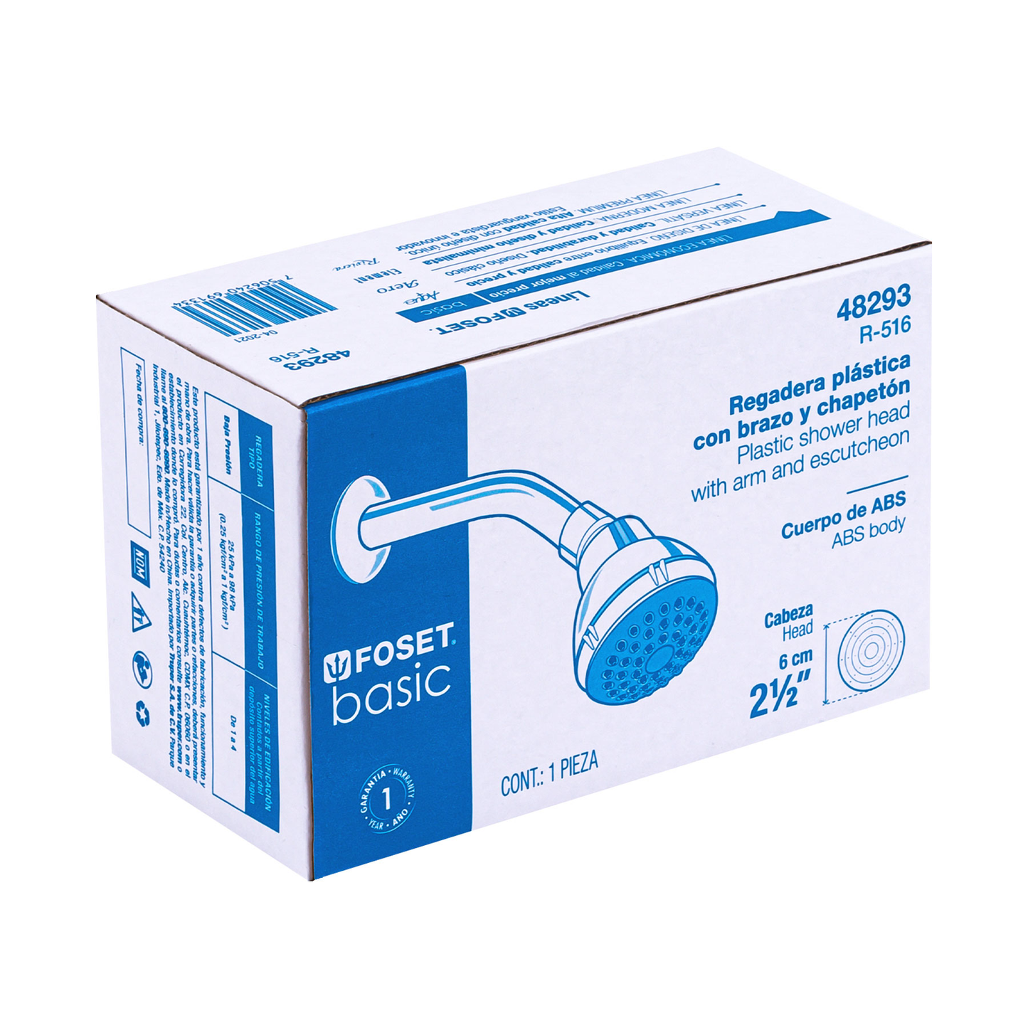 Regadera redonda, cabeza ABS, 2-1/2', Blanca, Basic