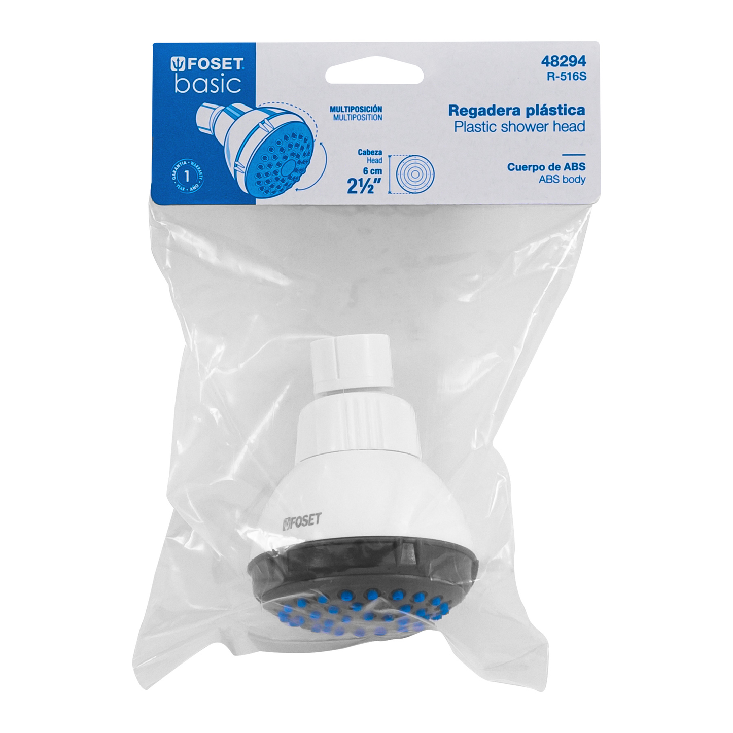 Regadera redonda sin brazo de ABS, 2-1/2', Blanca, Basic