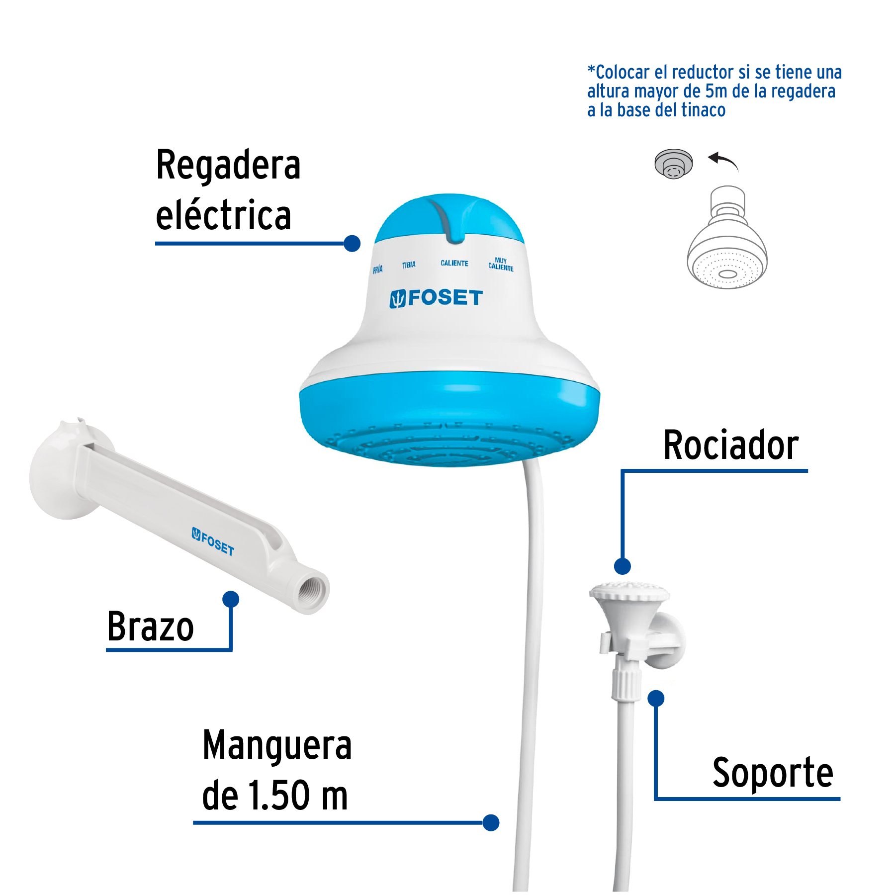 Regadera eléctrica de 4 temperaturas., 6-1/2', Azul, Foset