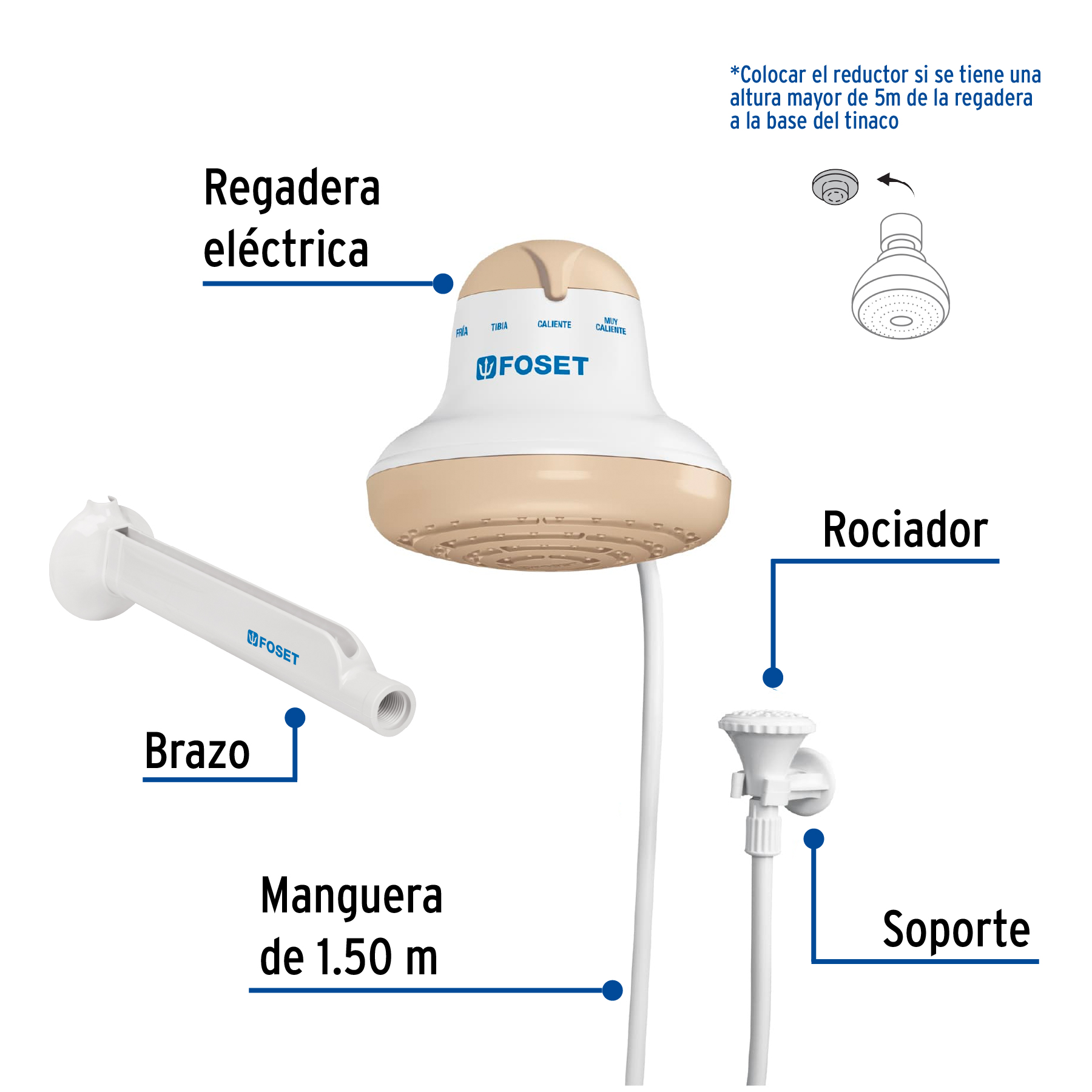Regadera eléctrica de 4 temperaturas, 6-1/2', Beige, Foset
