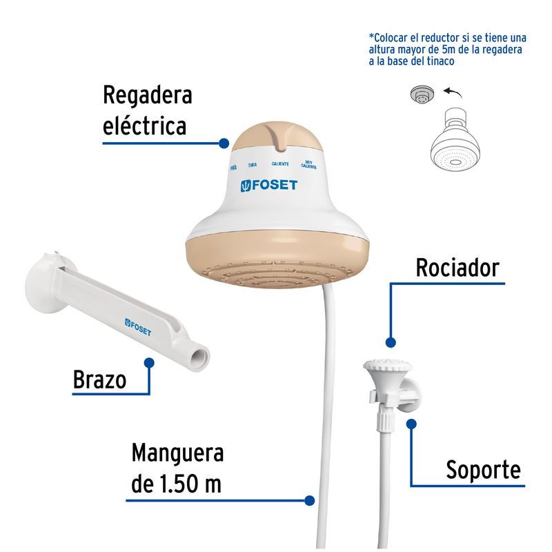 Regadera eléctrica, 4 temperaturas, 16.5cm, beige, FOSET