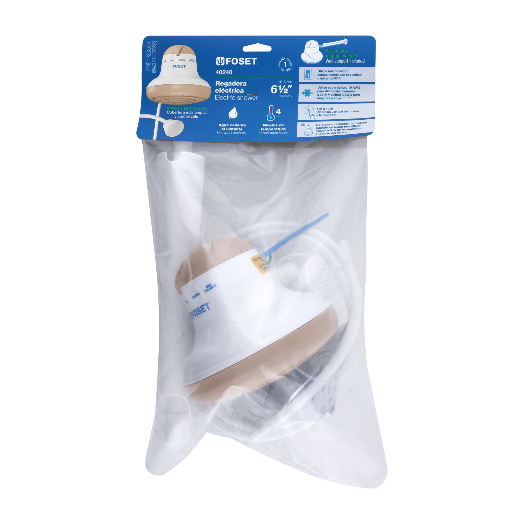 Regadera eléctrica de 4 temperaturas, 6-1/2', Beige, Foset