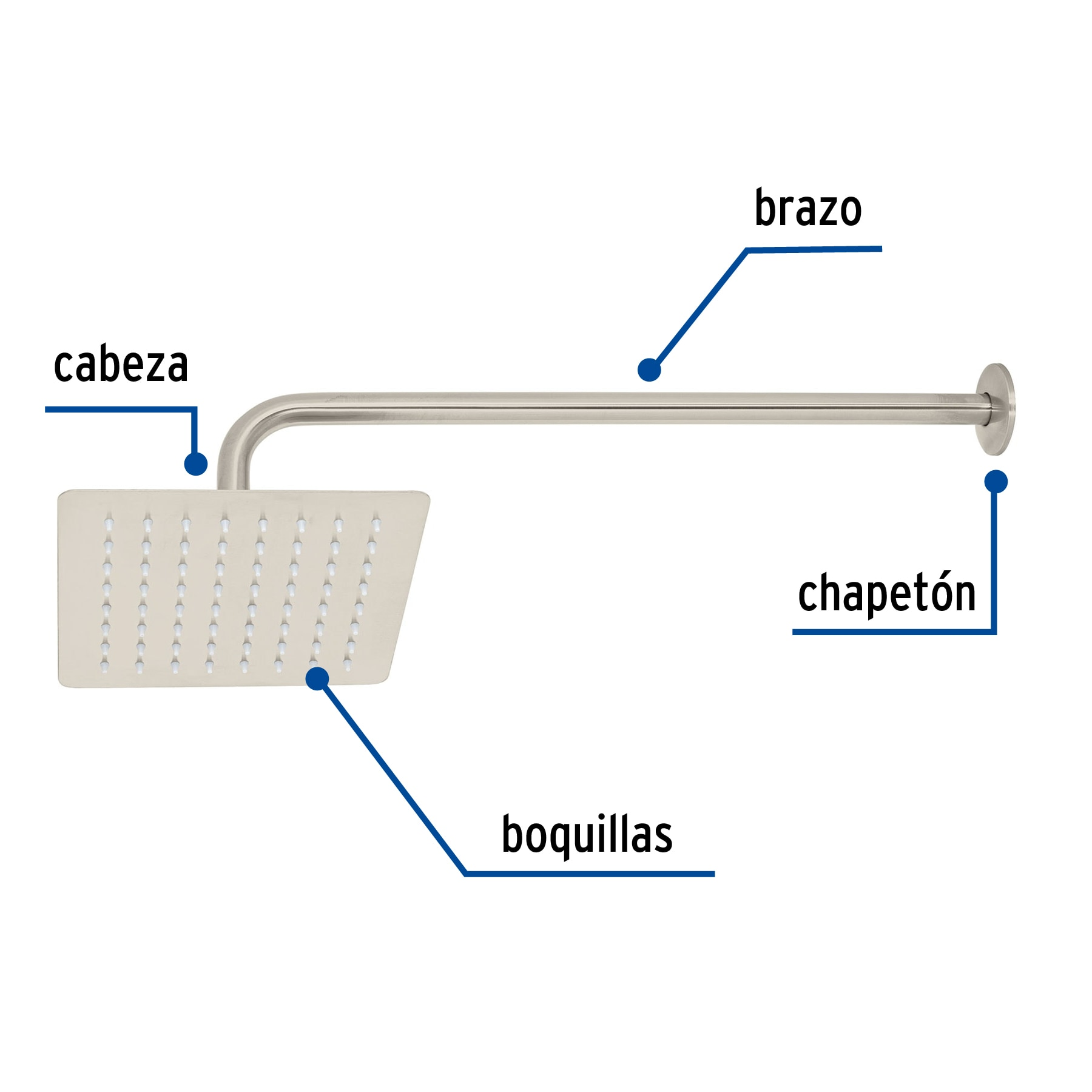 Regadera cuadrada 8', acero inox, con brazo, satín, Túbig