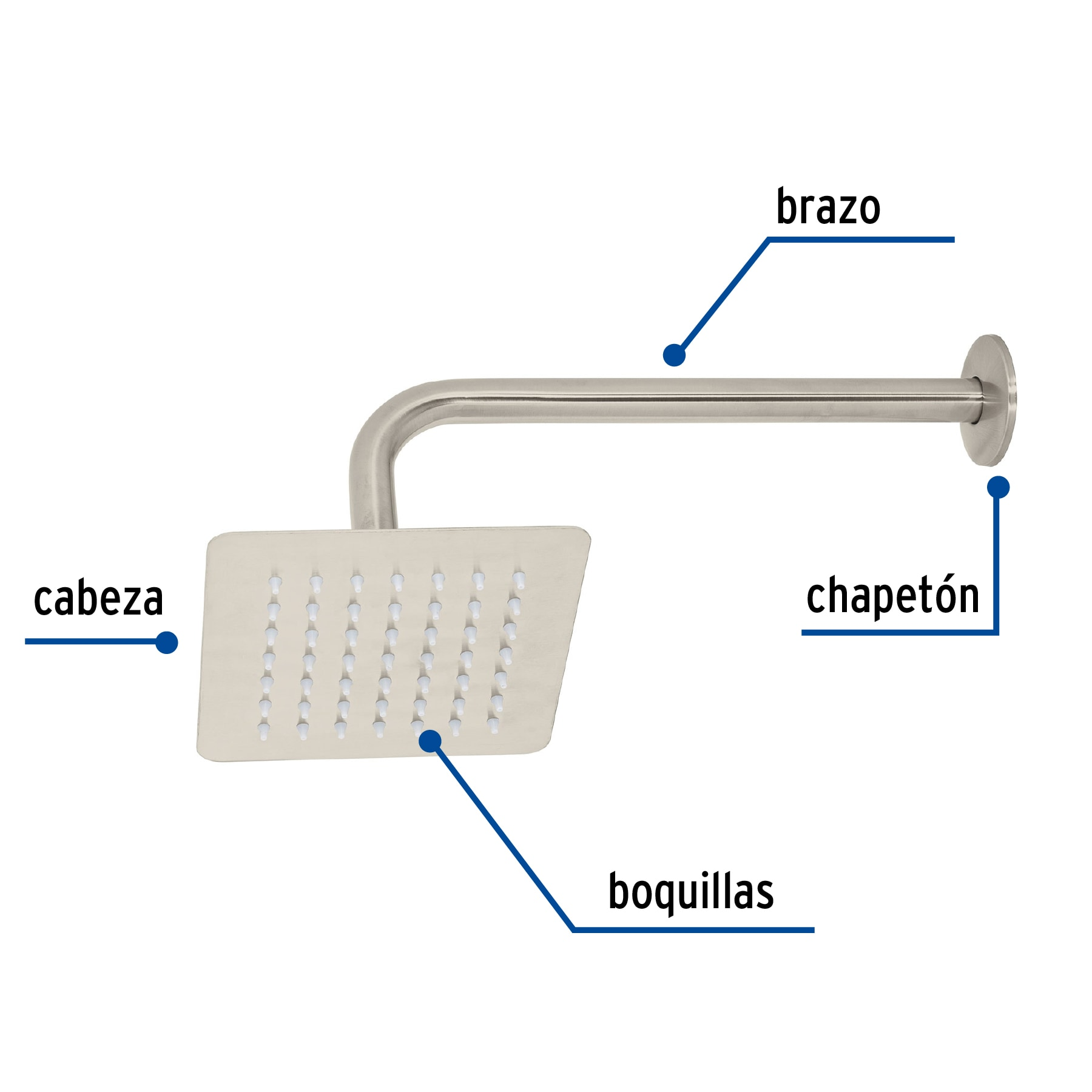 Regadera cuadrada 6', acero inox, con brazo, satín, Túbig