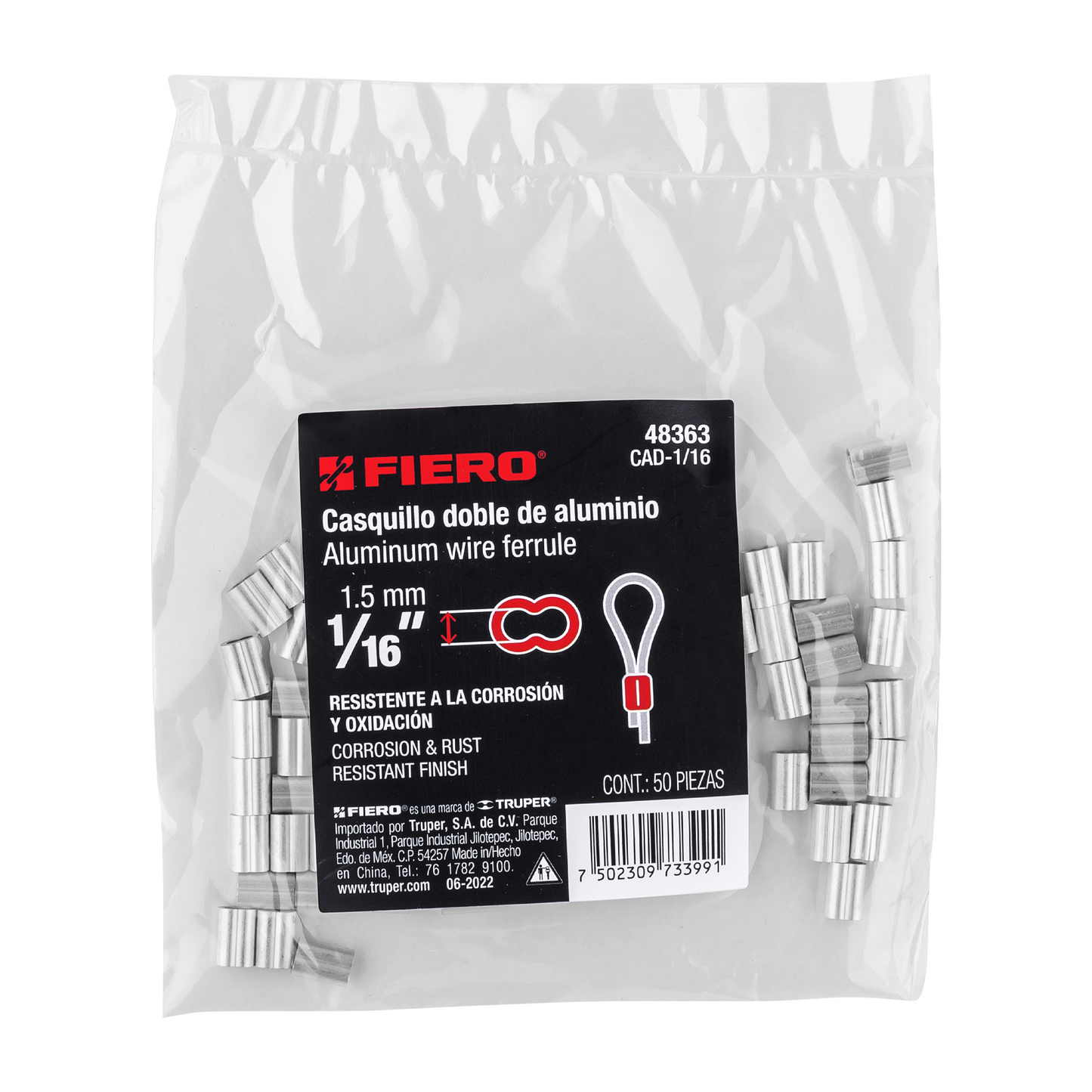 Bolsa con 50 casquillos dobles de aluminio, 1/16' Fiero