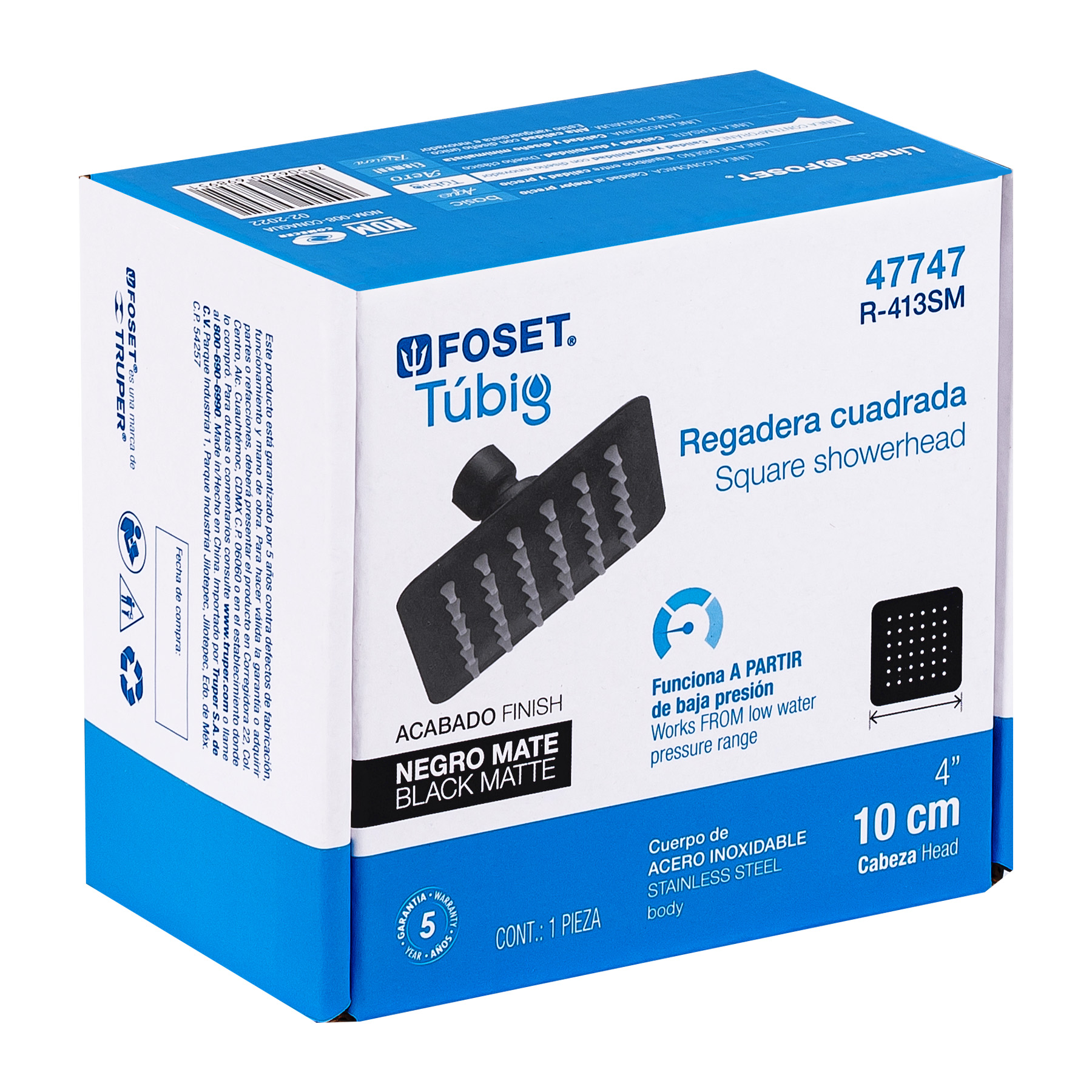 Regadera cuadrada 4', acero inox, sin brazo, negro, Tubig