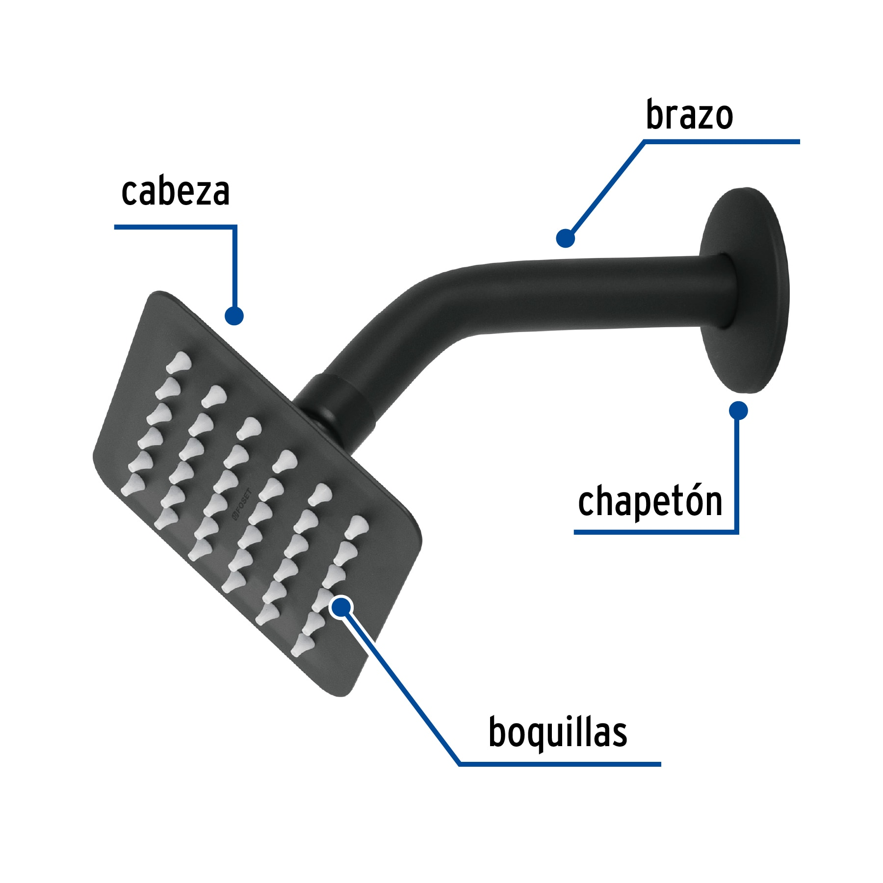 Regadera cuadrada 4', acero inox, con brazo, negro, Túbig