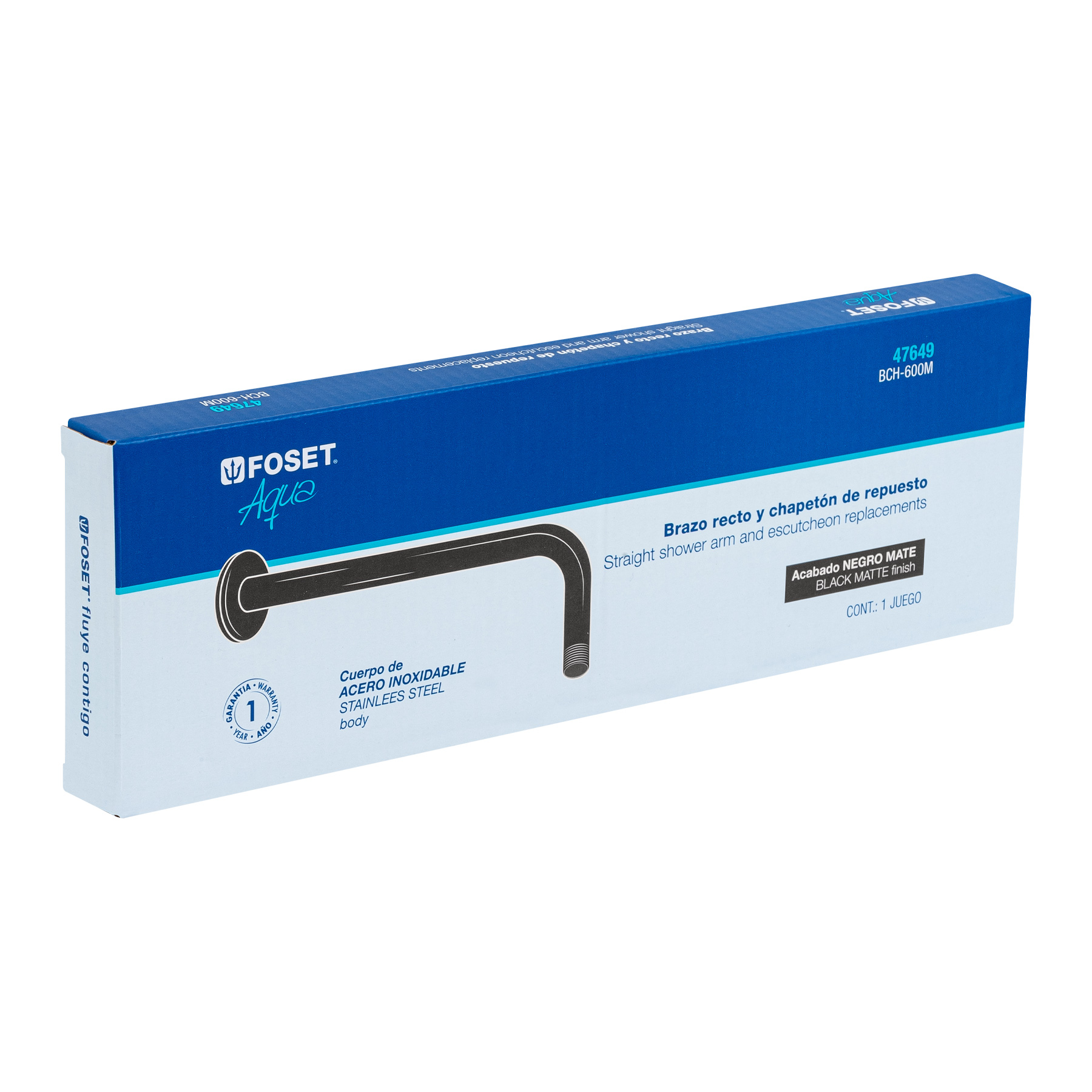 Brazo recto con chapetón para regadera, 40 cm, negro mate