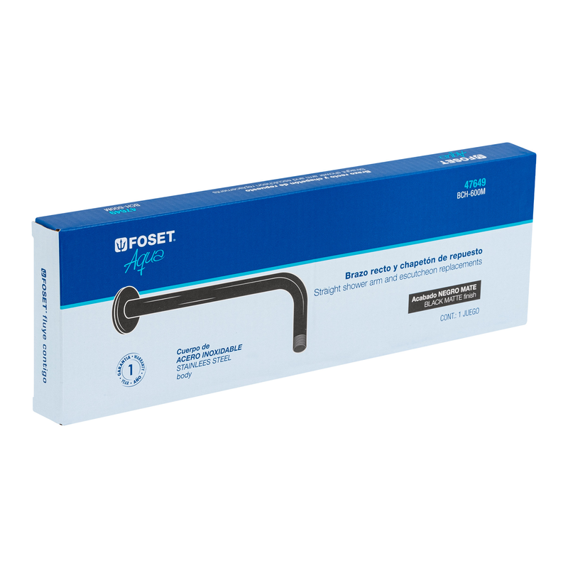 Brazo recto con chapetón para regadera, 40 cm, negro mate