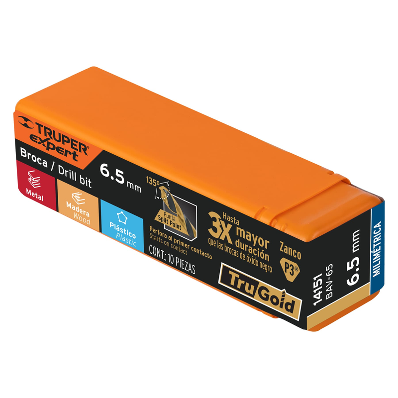 Broca HSS 6.5 mm Trugold para metal, TRUPER EXPERT