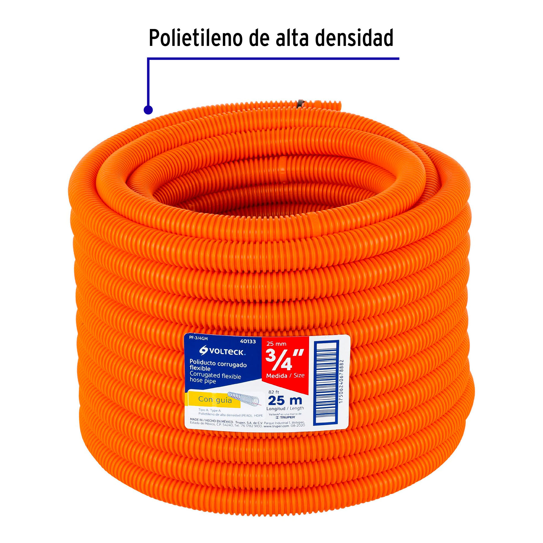 Poliducto corrugado flexible,3/4',con guía,rollo 25m,Volteck