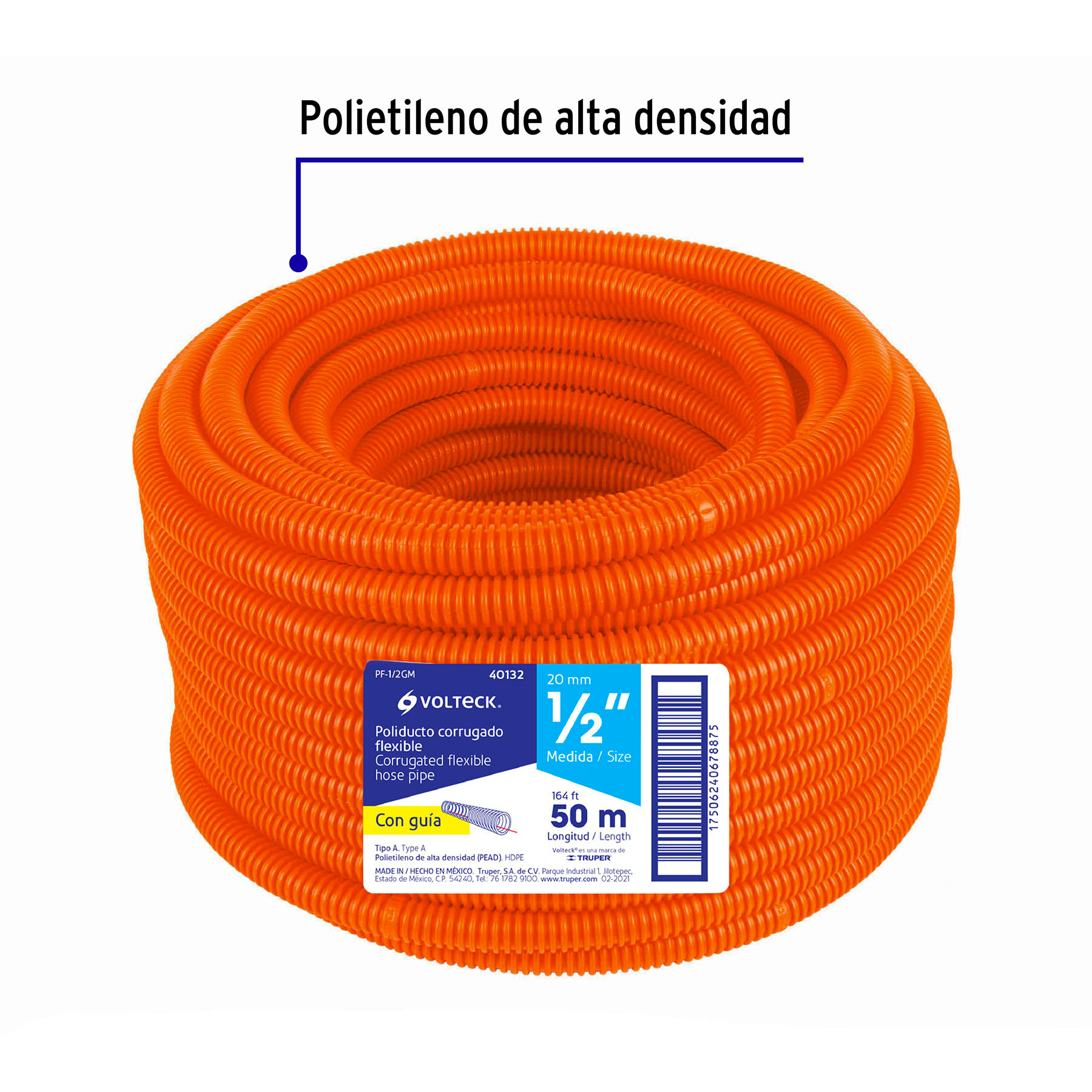 Poliducto corrugado flexible,1/2',con guía,rollo 50m,Volteck