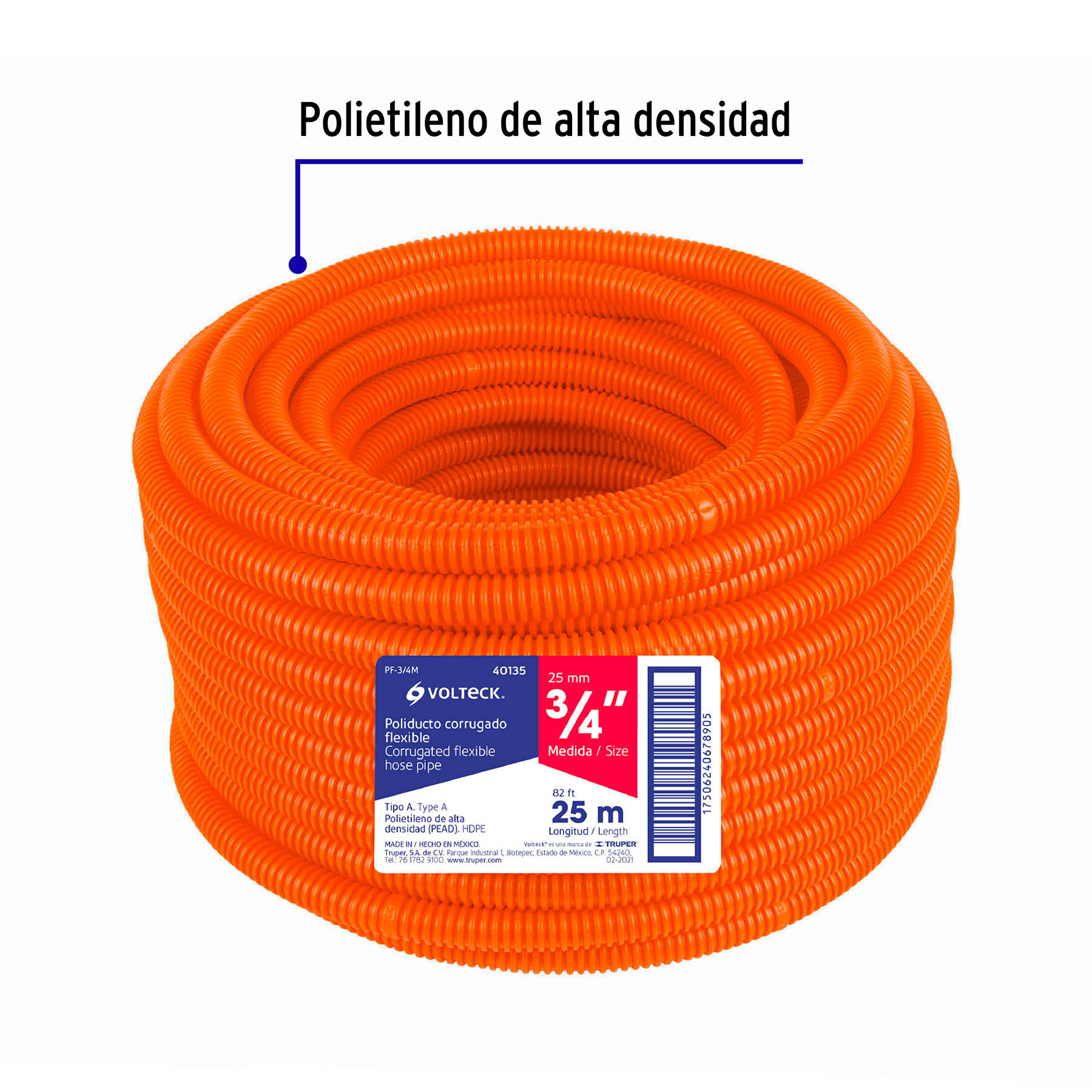 Poliducto corrugado flexible, 3/4', rollo 25 m, Volteck