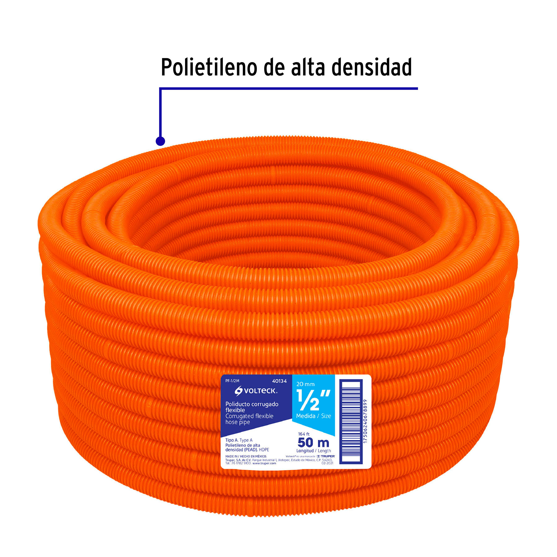 Poliducto corrugado flexible, 1/2', rollo 50 m, Volteck