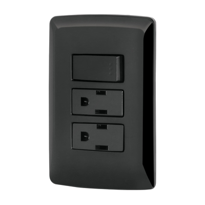 Placa armada 2 contactos e interruptor,negro, línea Italiana