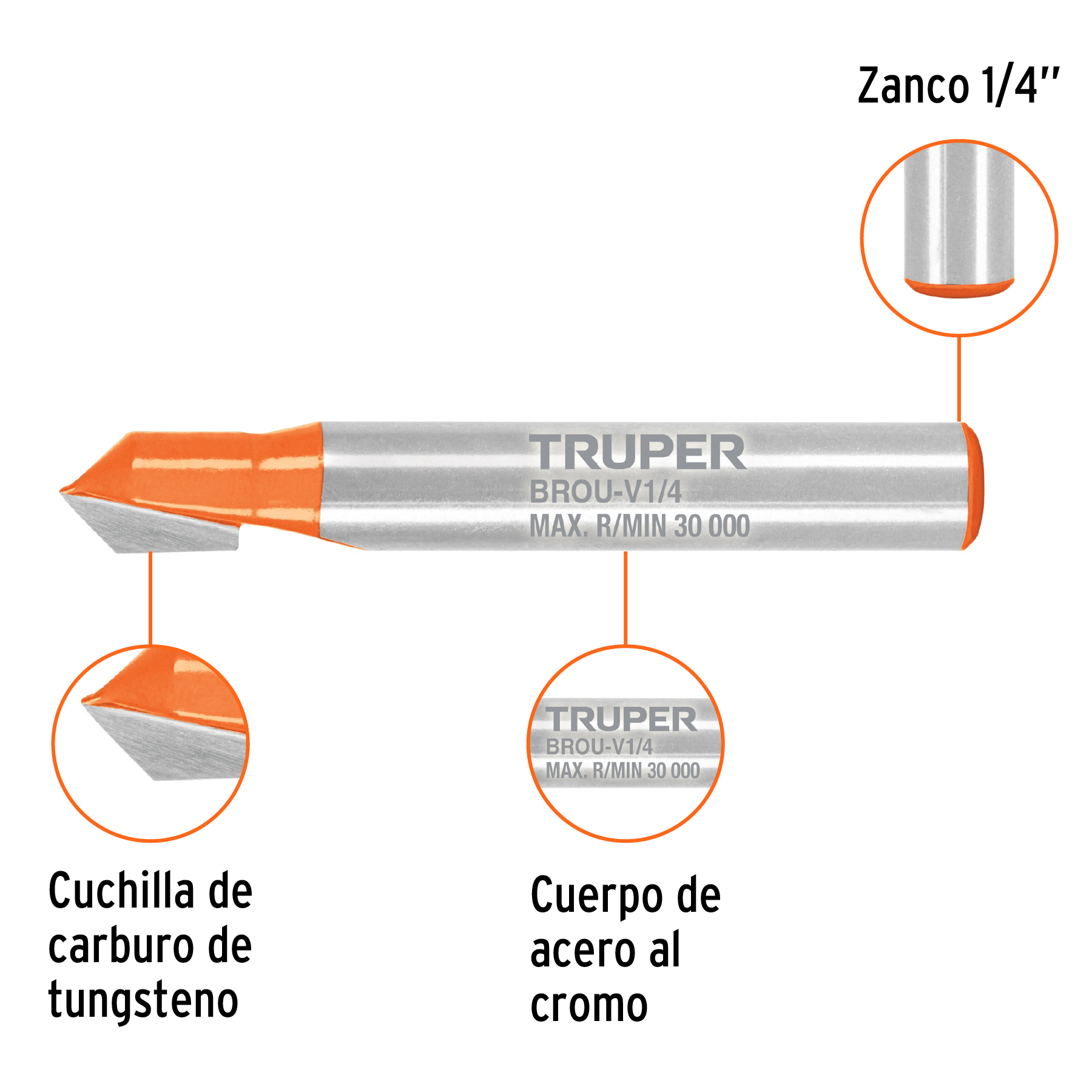 Broca para router, corte en 'V', 1/4'