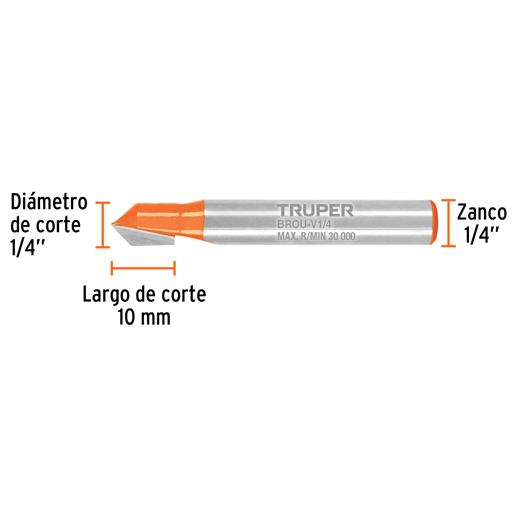 Broca para router, corte en 'V', 1/4'