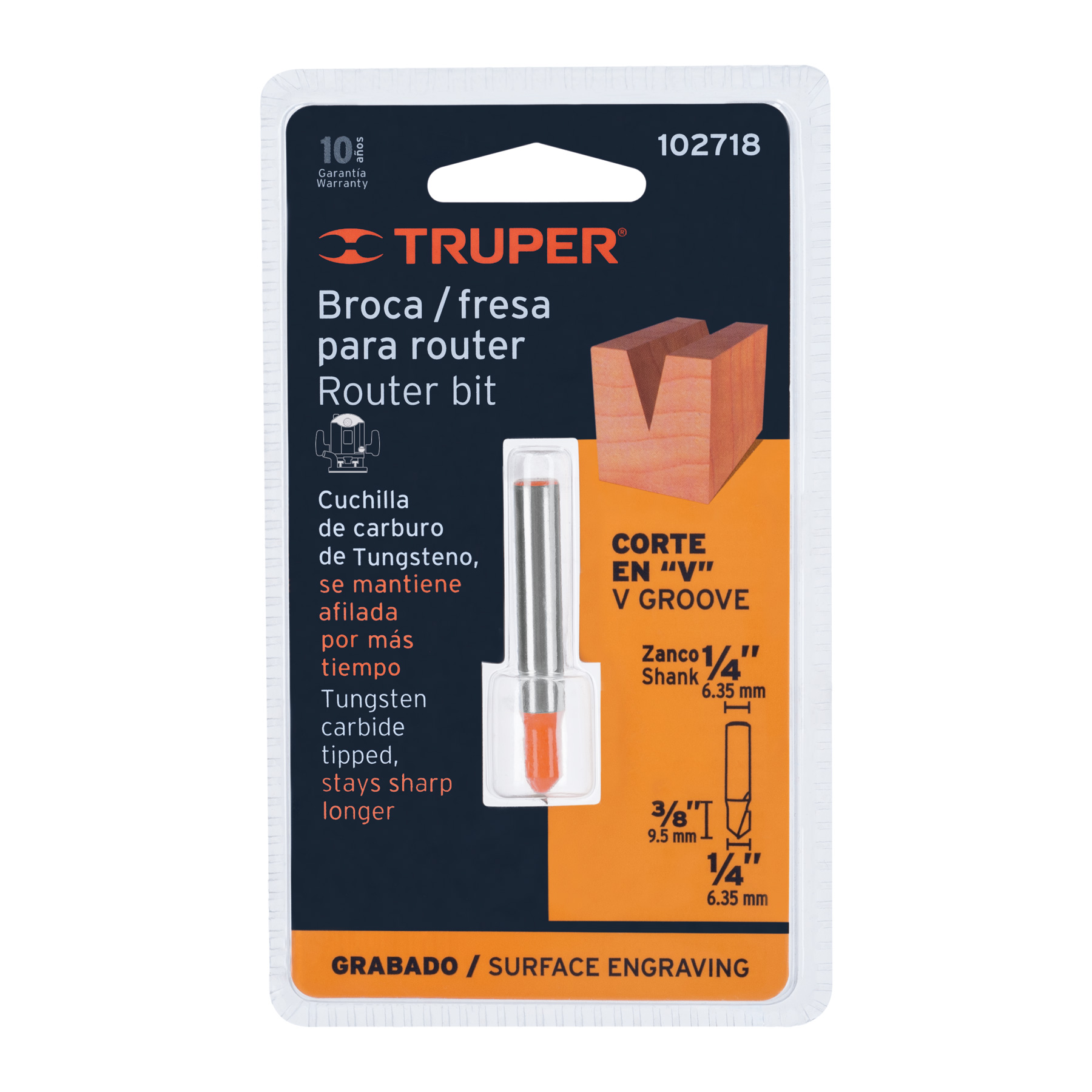 Broca para router, corte en 'V', 1/4'