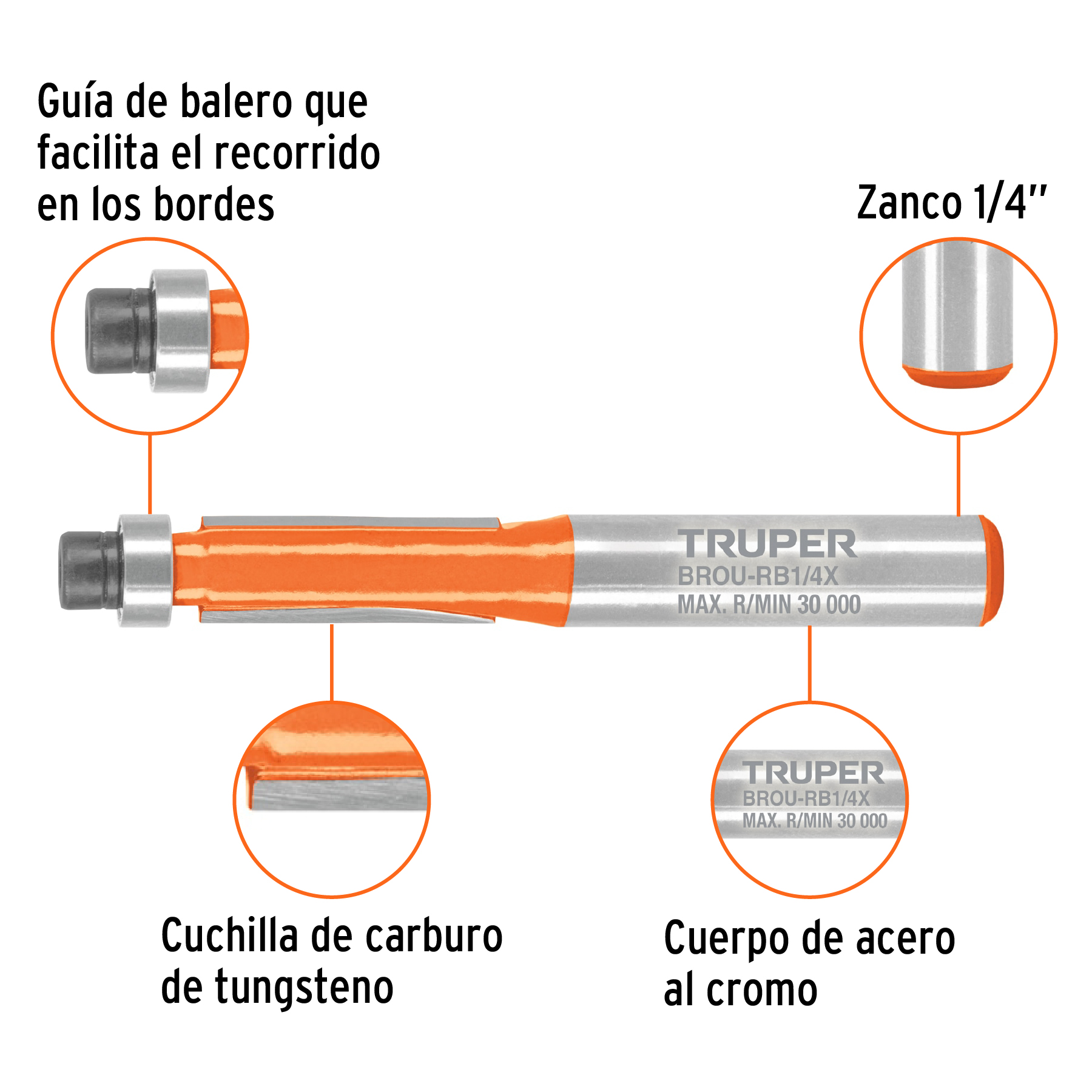 Broca para router, corte recto, 1/4' con balero