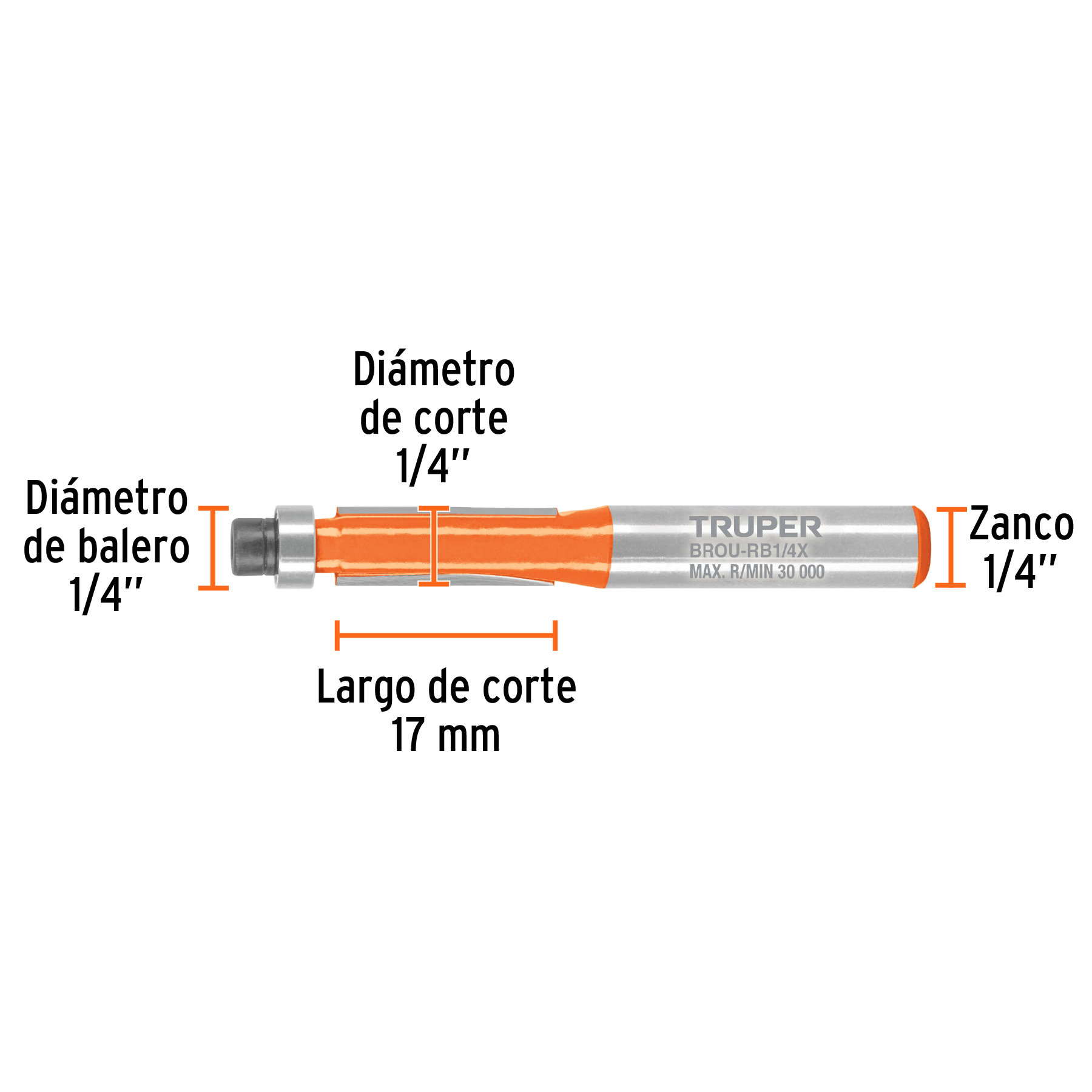 Broca para router, corte recto, 1/4' con balero