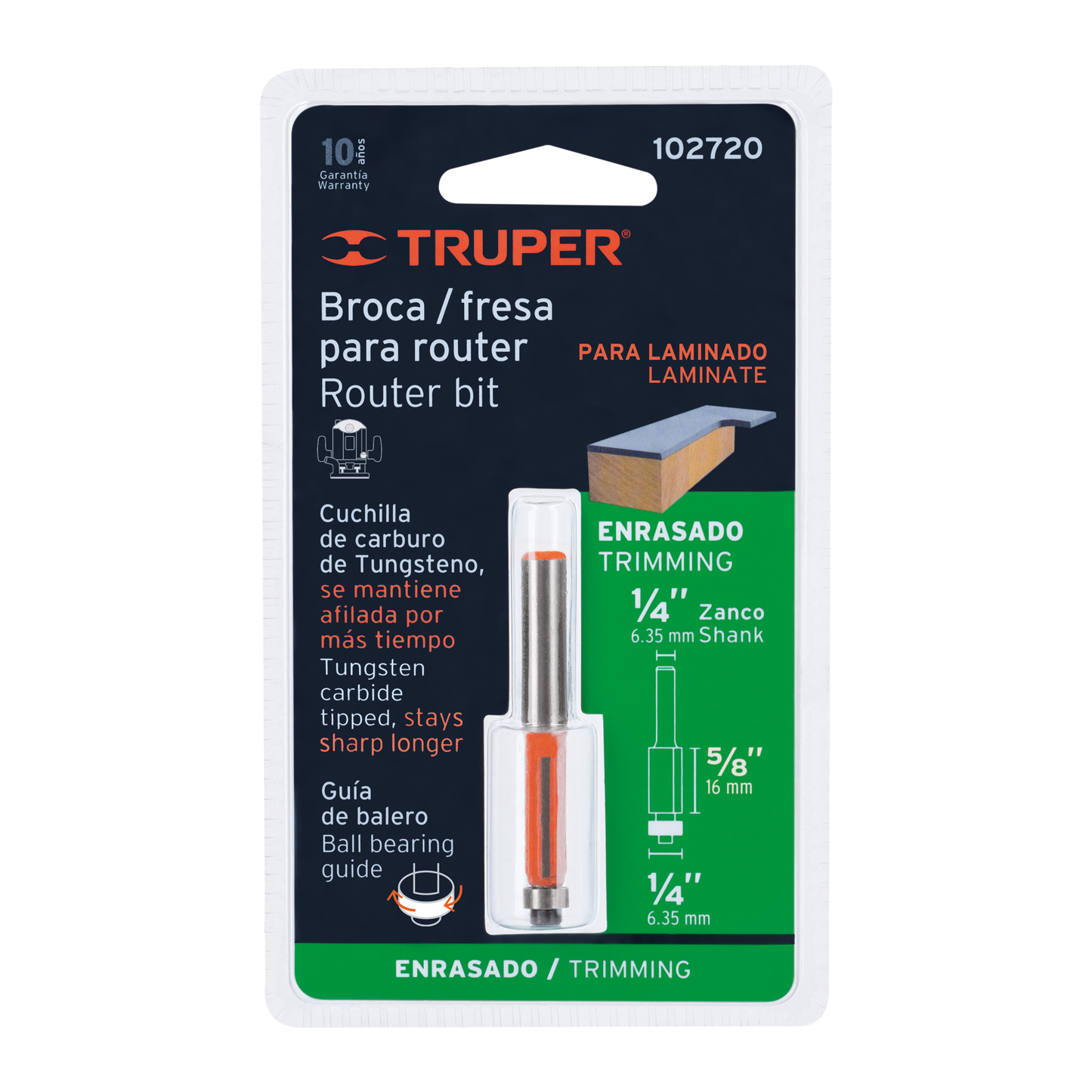 Broca para router, corte recto, 1/4' con balero