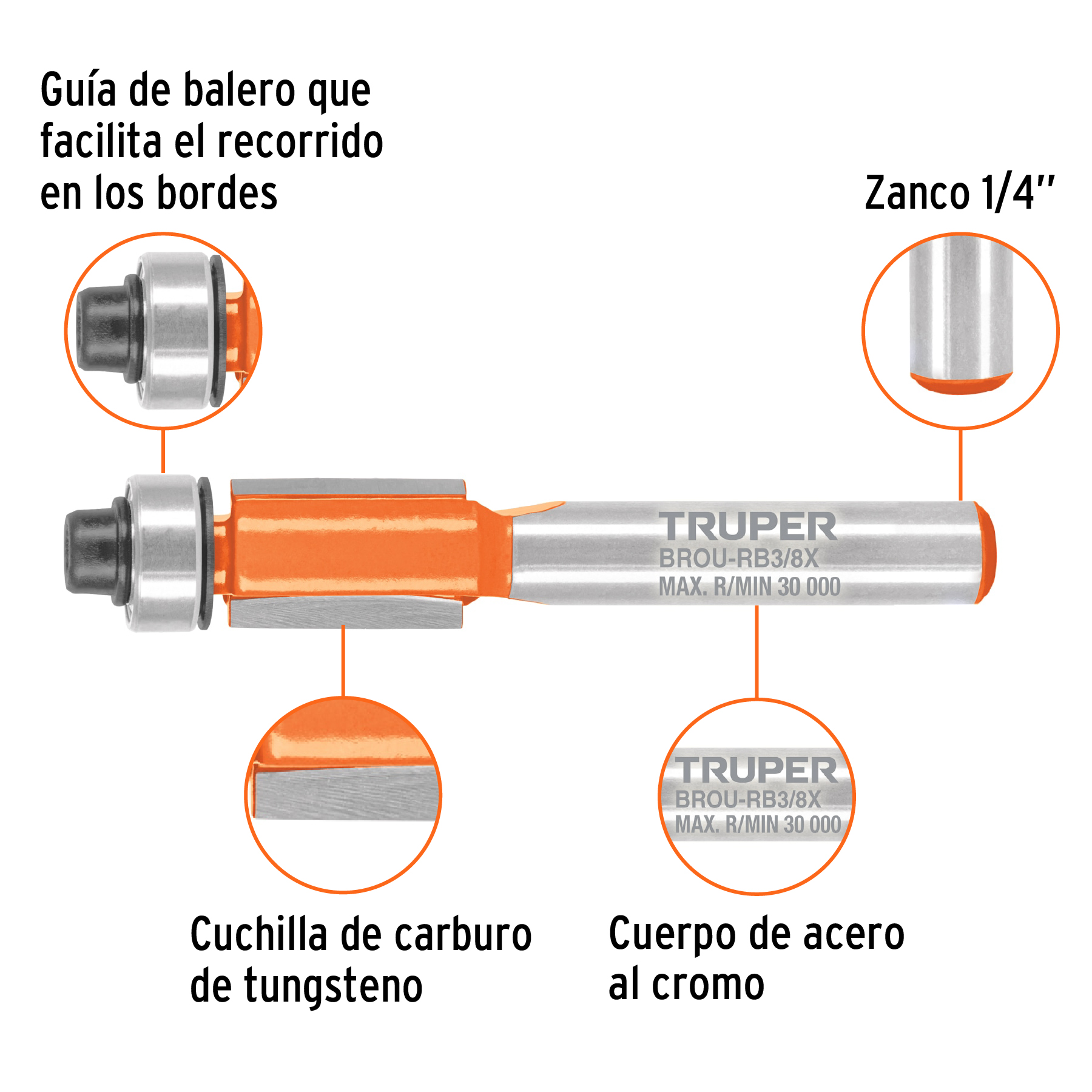 Broca para router, corte recto, 3/8' con balero