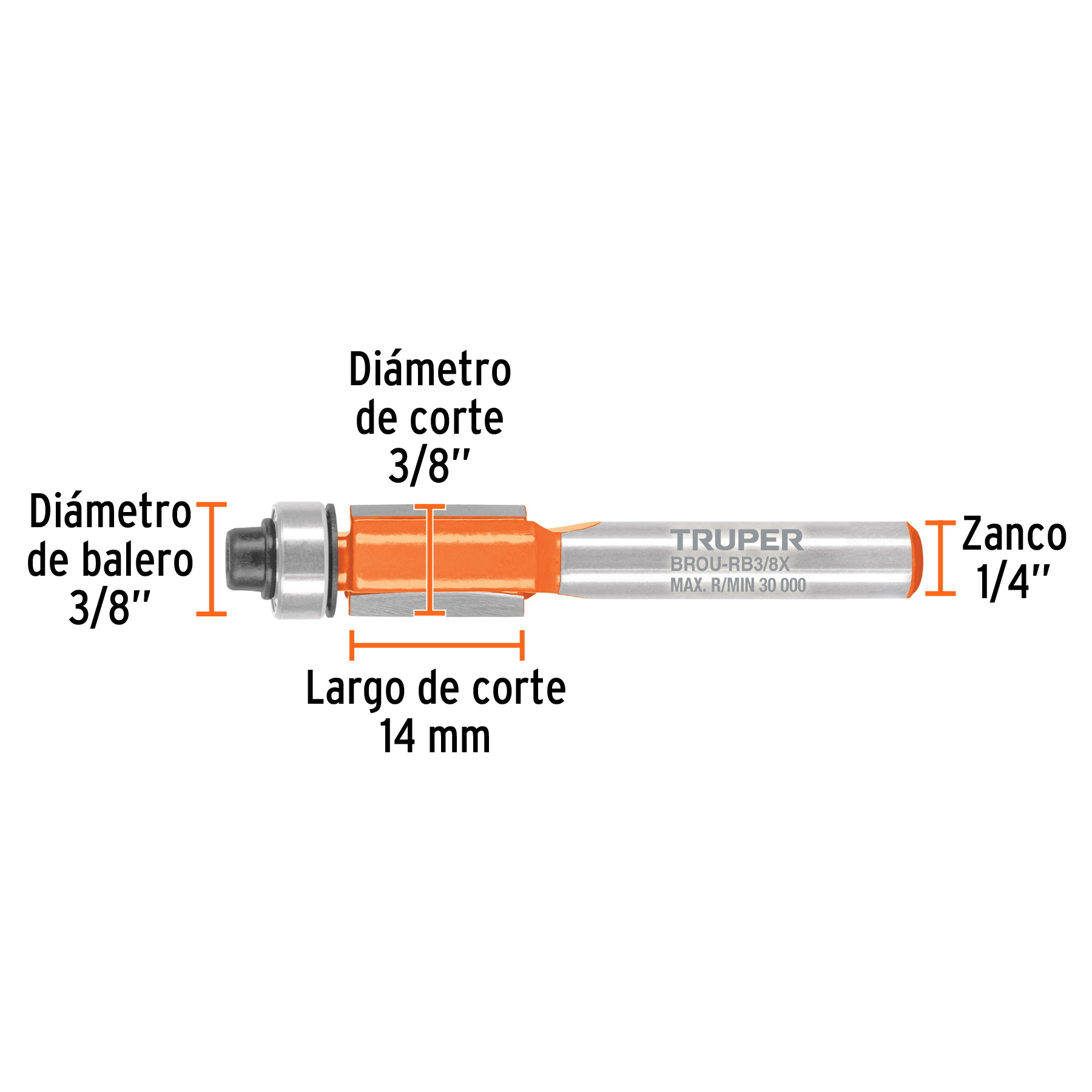 Broca para router, corte recto, 3/8' con balero