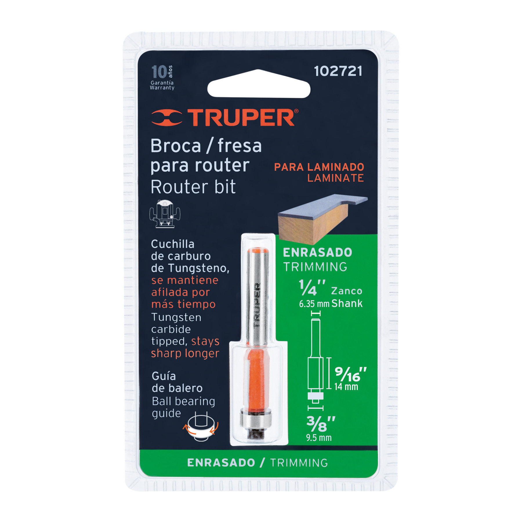 Broca para router, corte recto, 3/8' con balero