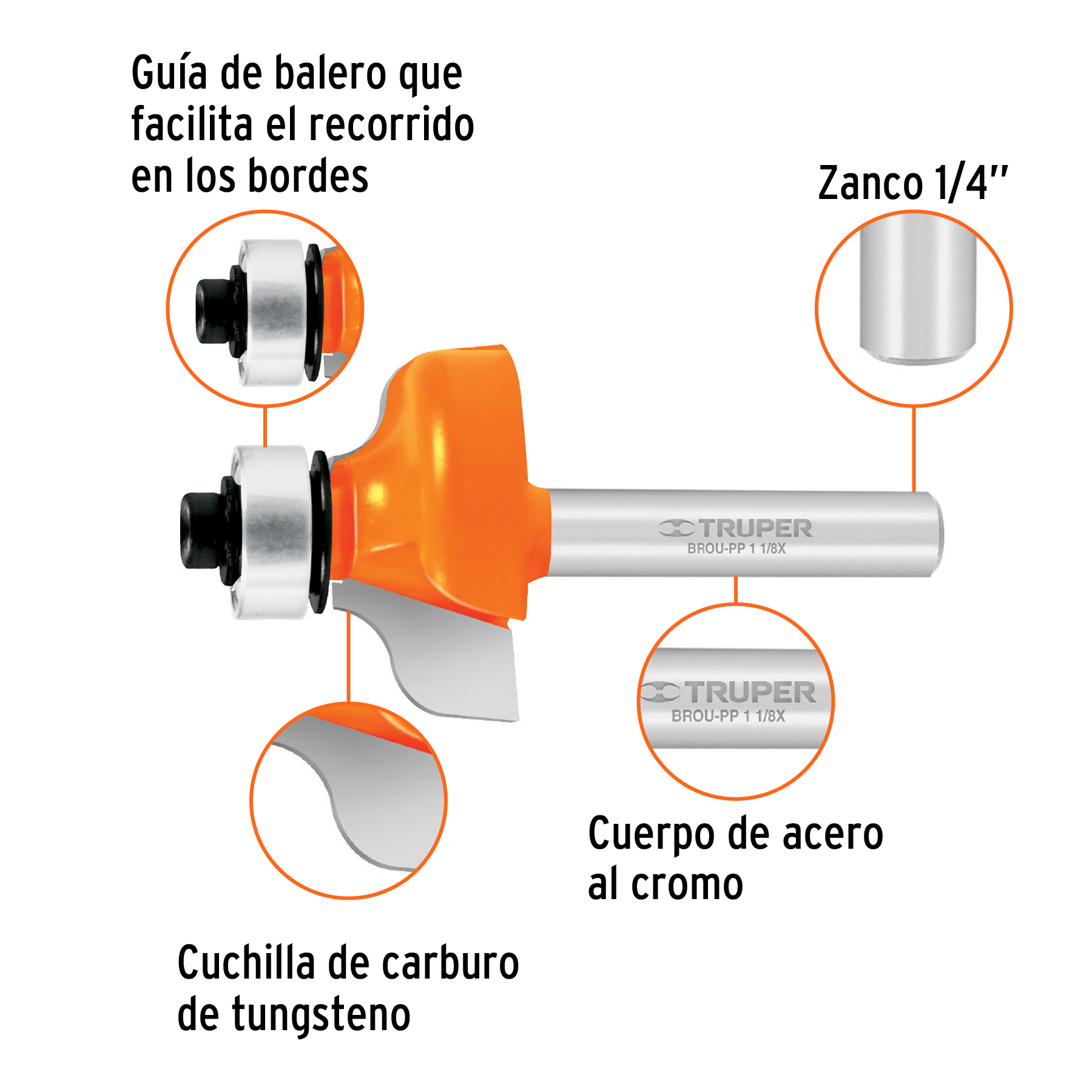 Broca para router, pecho paloma, 1-1/8" con balero